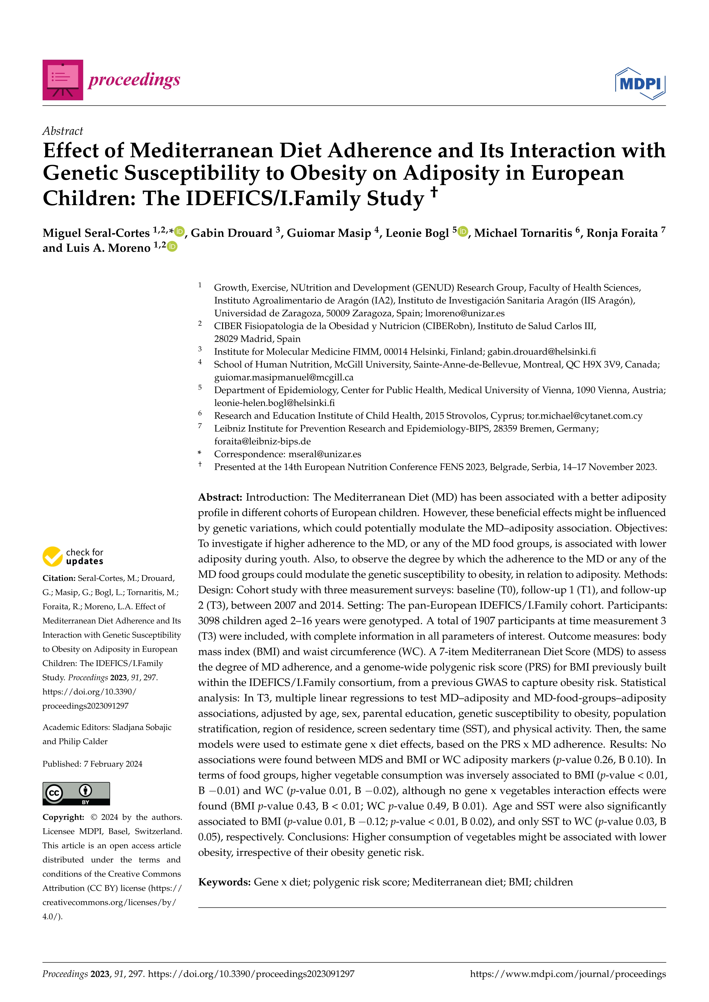 Effect of Mediterranean Diet Adherence and Its Interaction with Genetic Susceptibility to Obesity on Adiposity in European Children: The IDEFICS/I.Family Study