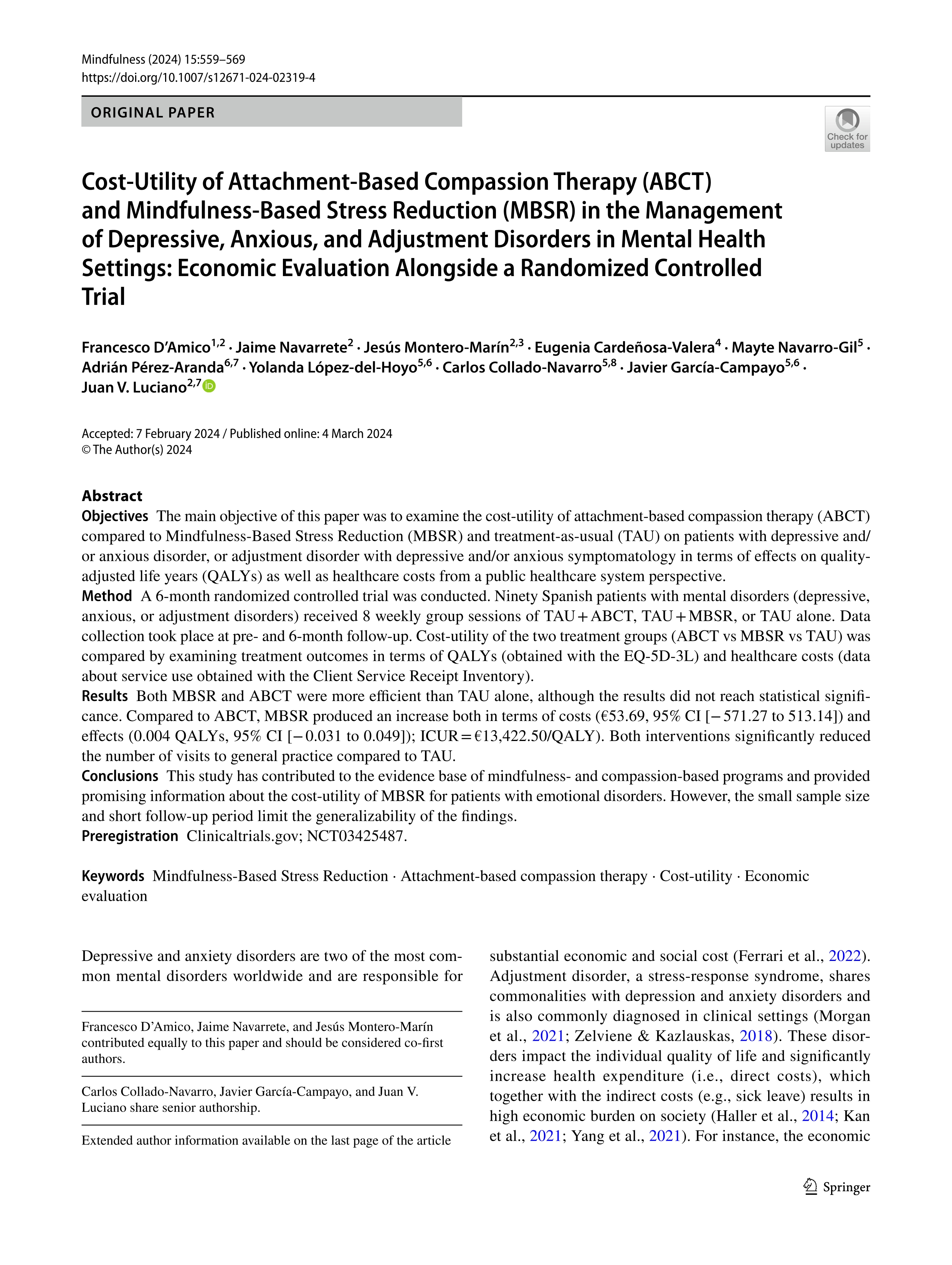Cost-Utility of Attachment-Based Compassion Therapy (ABCT) and Mindfulness-Based Stress Reduction (MBSR) in the Management of Depressive, Anxious, and Adjustment Disorders in Mental Health Settings: Economic Evaluation Alongside a Randomized Controlled Trial
