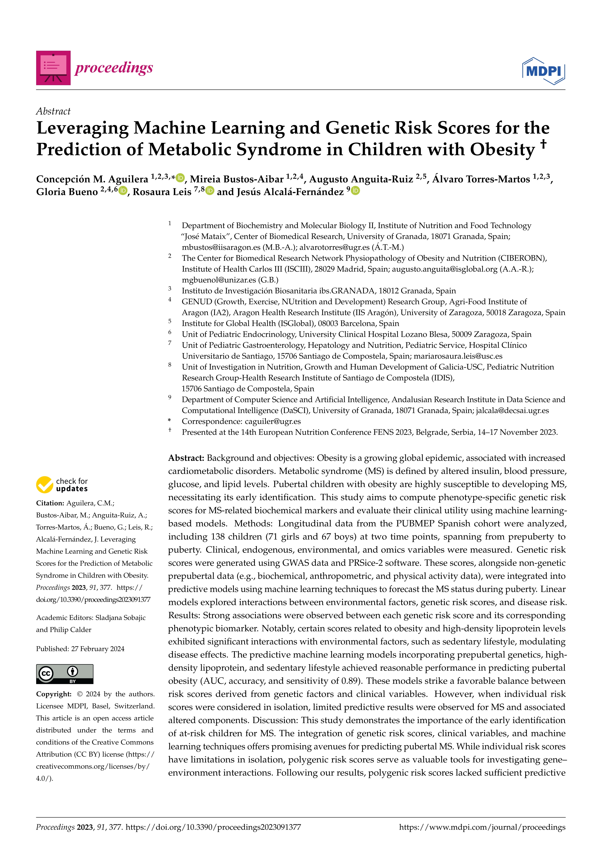 Leveraging Machine Learning and Genetic Risk Scores for the Prediction of Metabolic Syndrome in Children with Obesity