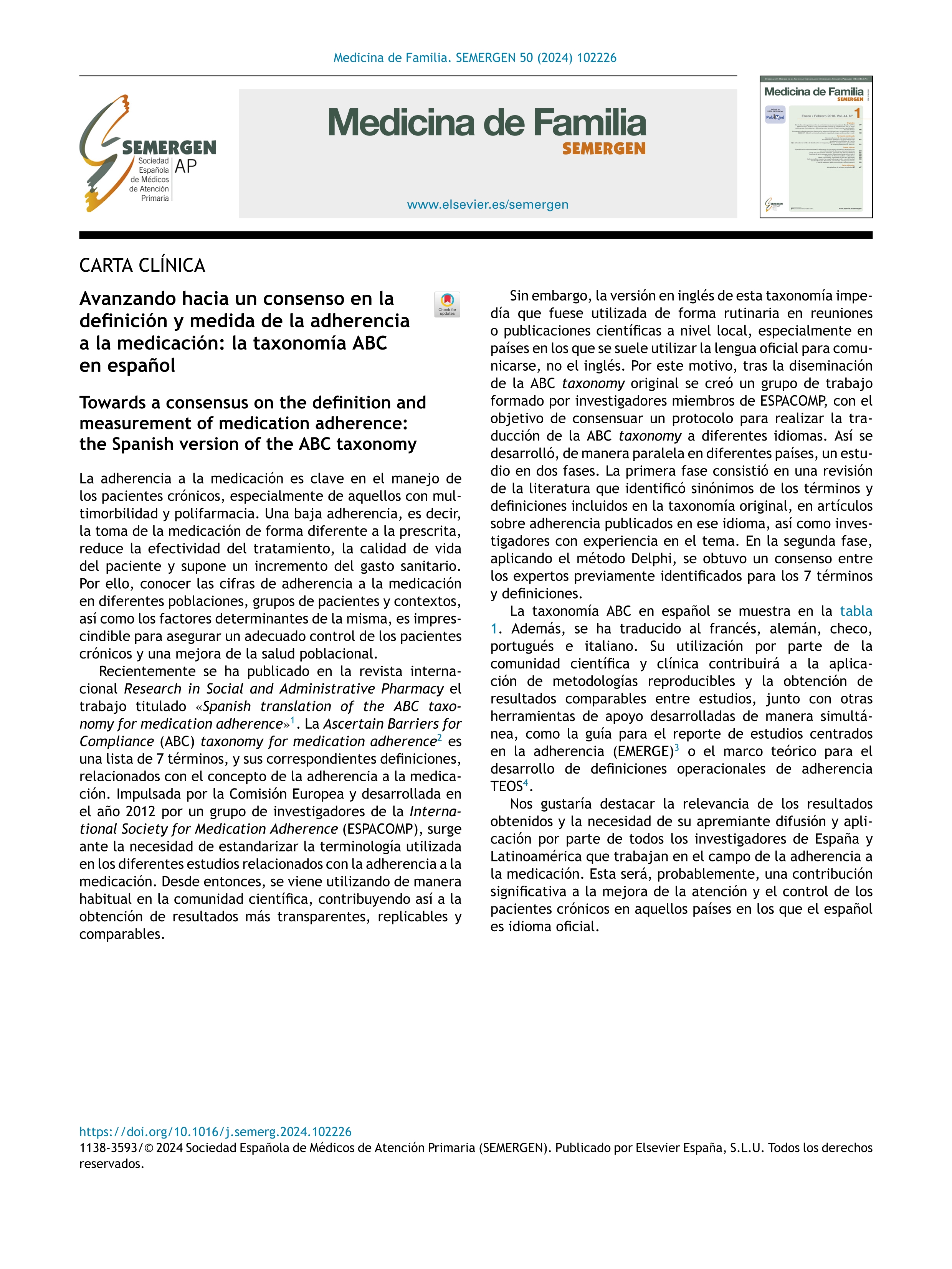Avanzando hacia un consenso en la definición y medida de la adherencia a la medicación: la taxonomía ABC en español