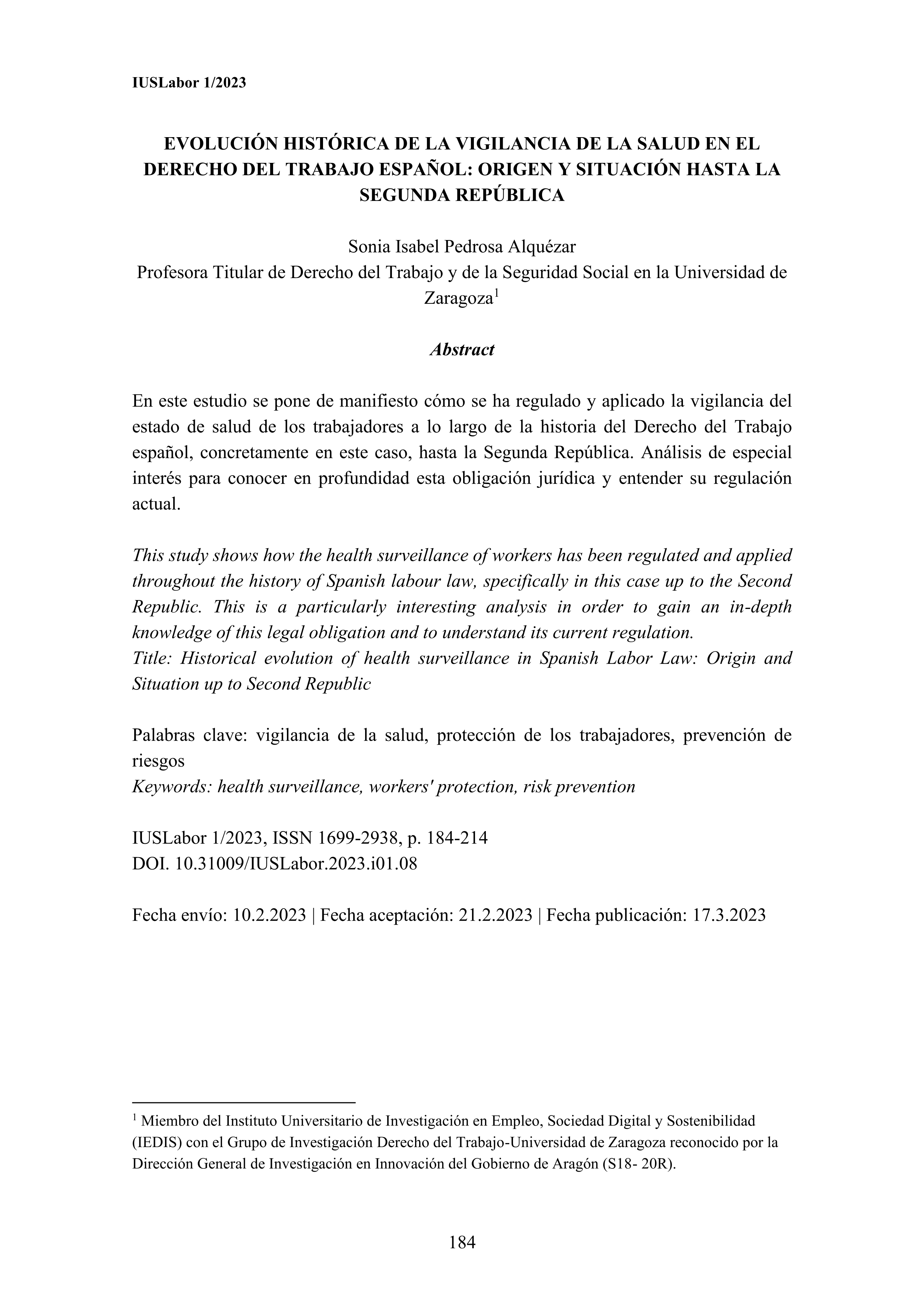 Evolución histórica de la vigilancia de la salud en el Derecho del Trabajo Español: Origen y situación hasta la segunda república