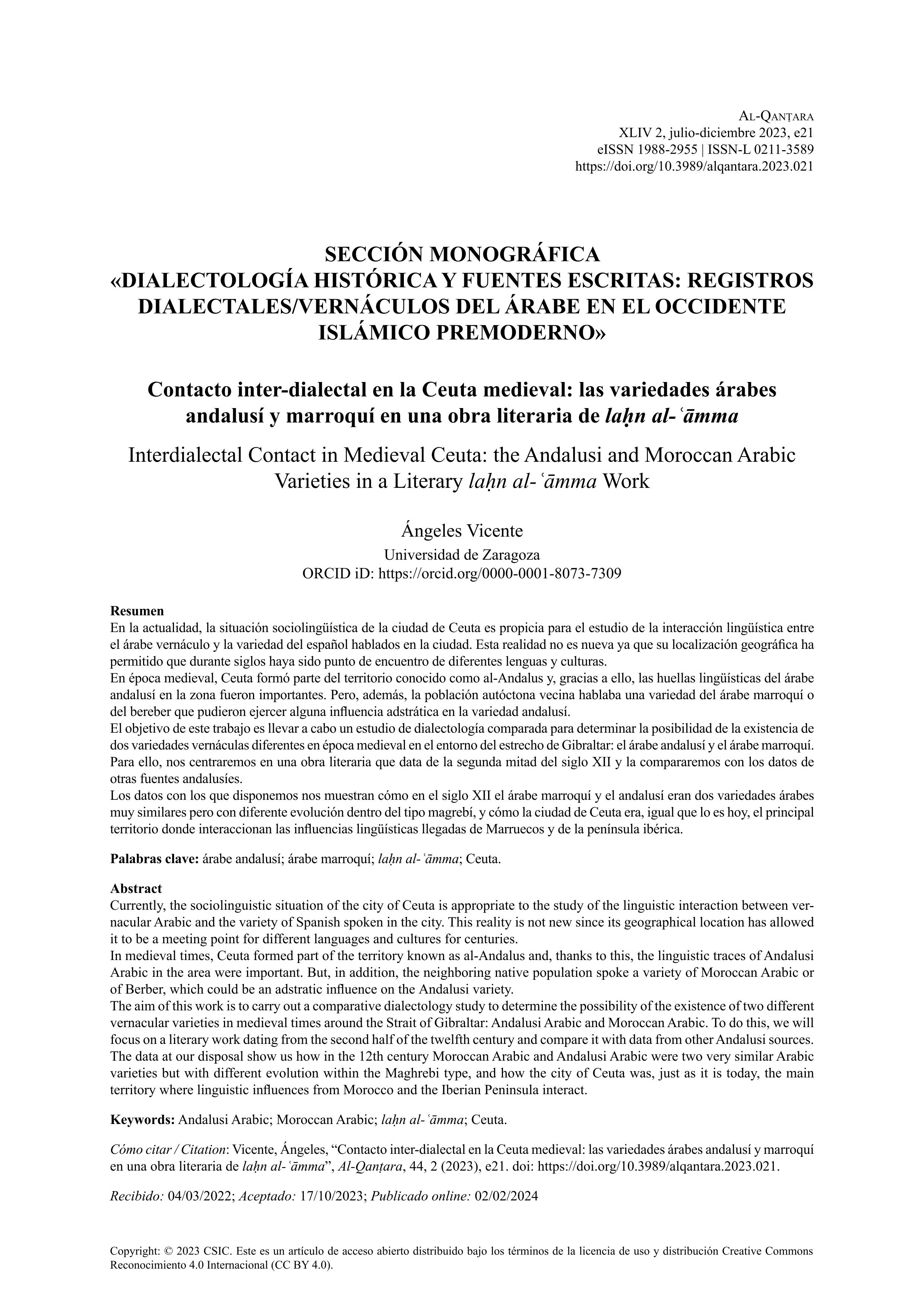 Contacto inter-dialectal en la Ceuta medieval: las variedades árabes andalusí y marroquí en una obra literaria de la¿n al-¿amma