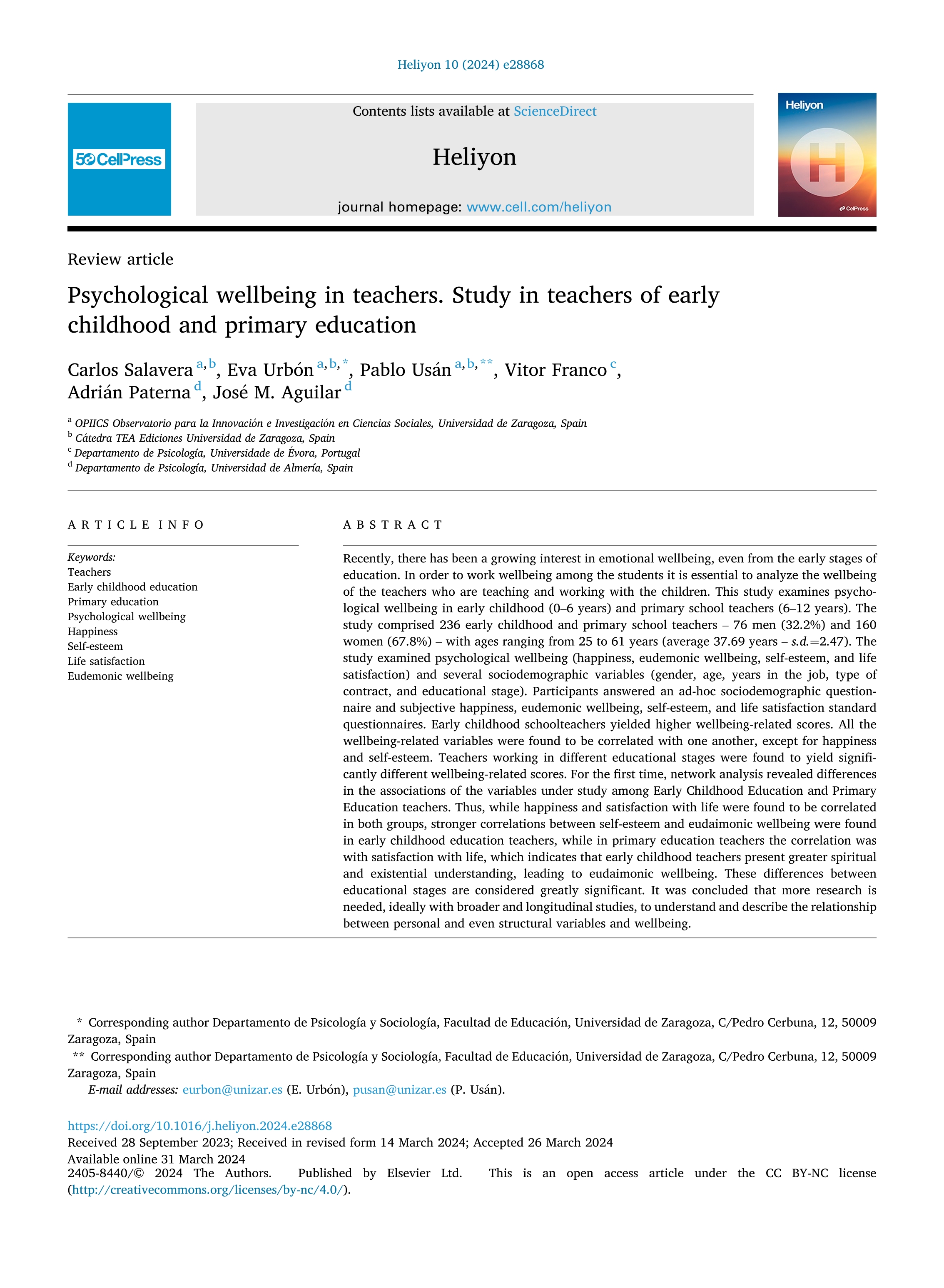 Psychological wellbeing in teachers. Study in teachers of early childhood and primary education