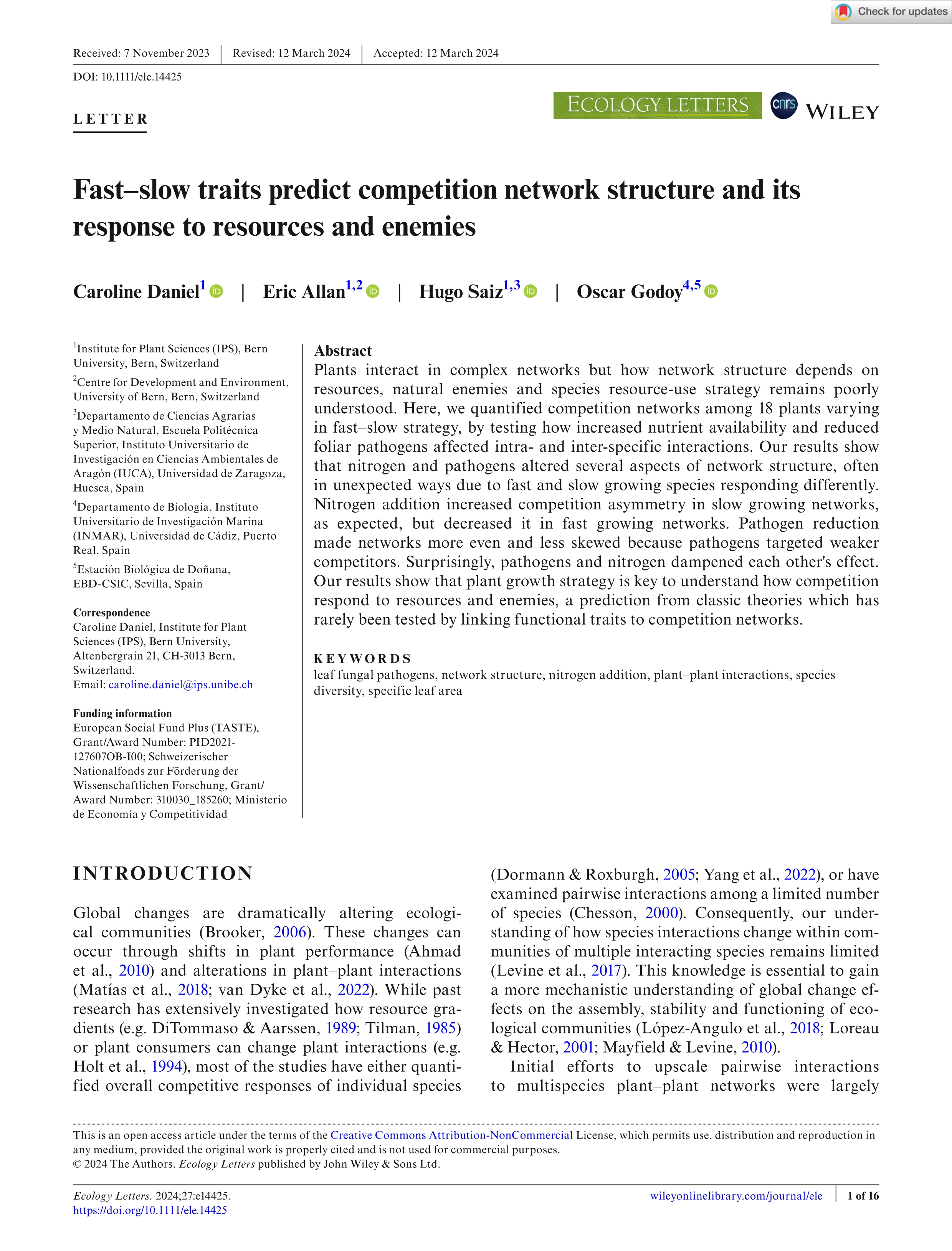 Fast–slow traits predict competition network structure and its response to resources and enemies