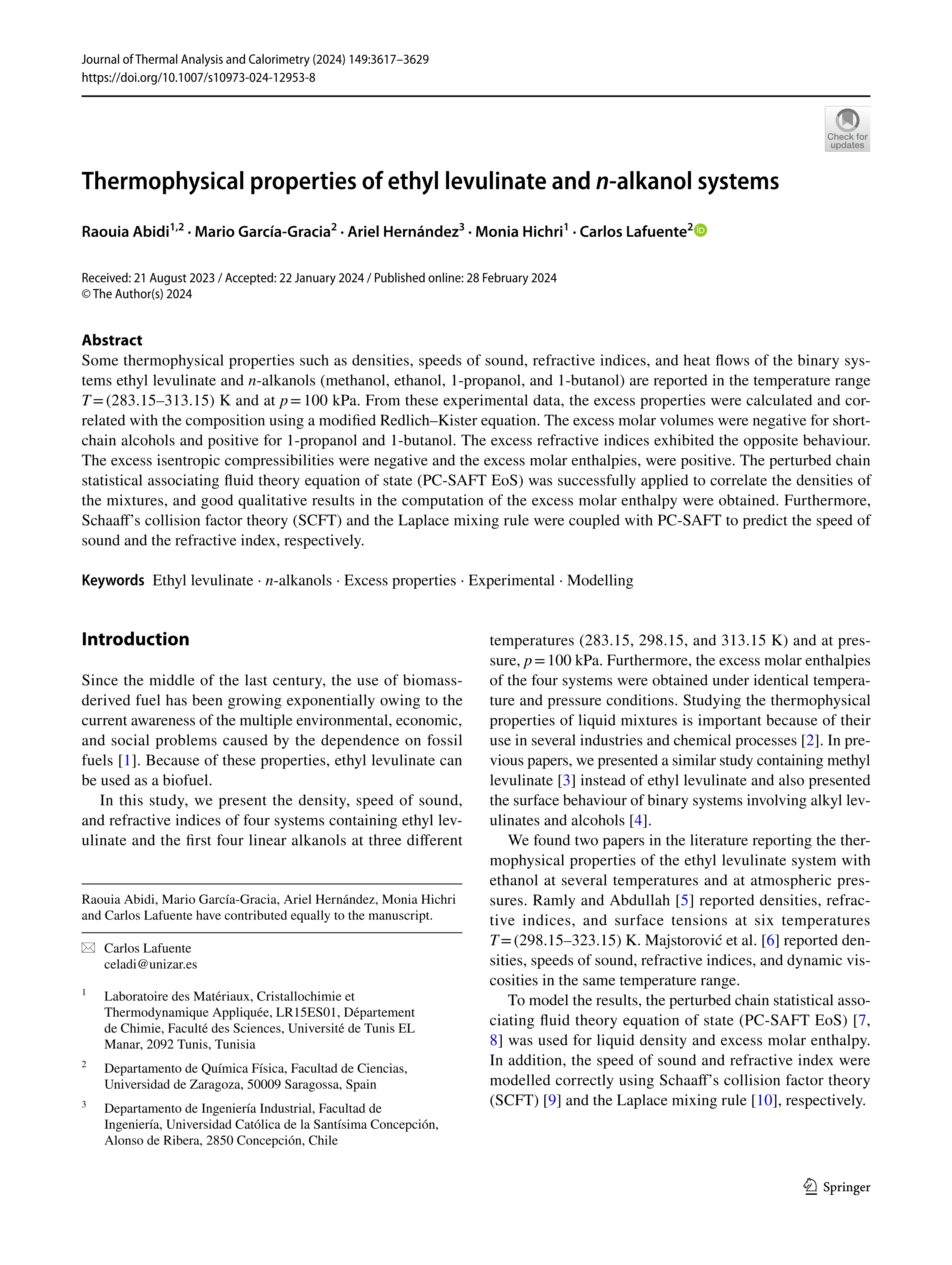 Thermophysical properties of ethyl levulinate and n-alkanol systems