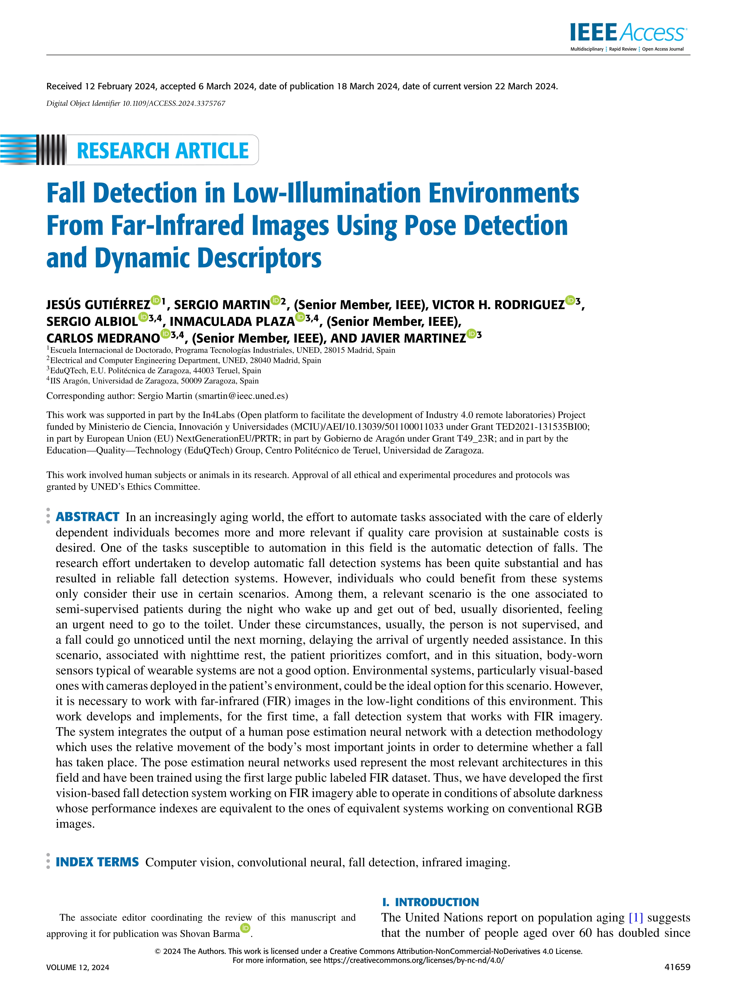 Fall detection in low-illumination environments from far-infrared images using pose detection and dynamic descriptors