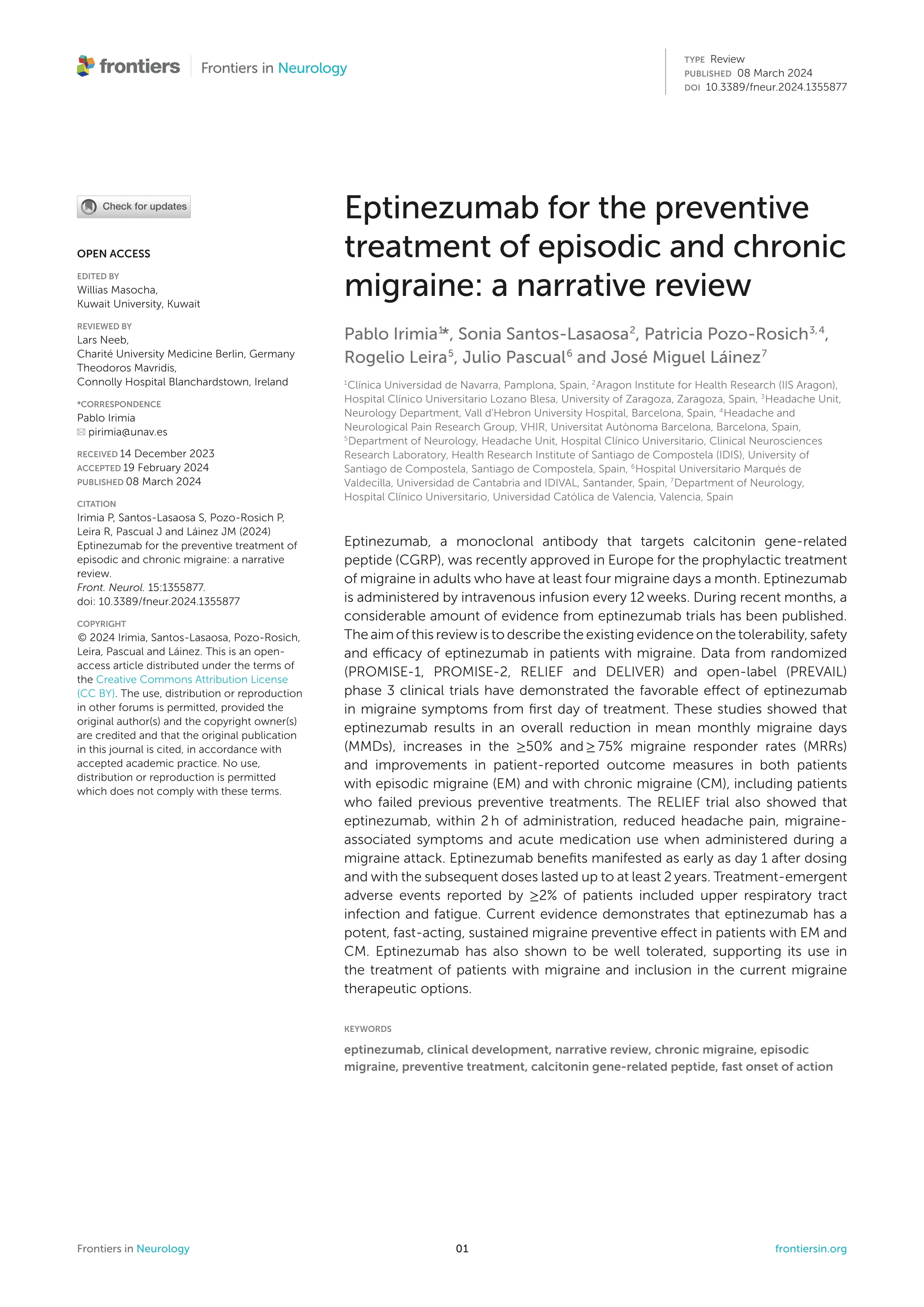 Eptinezumab for the preventive treatment of episodic and chronic migraine: a narrative review