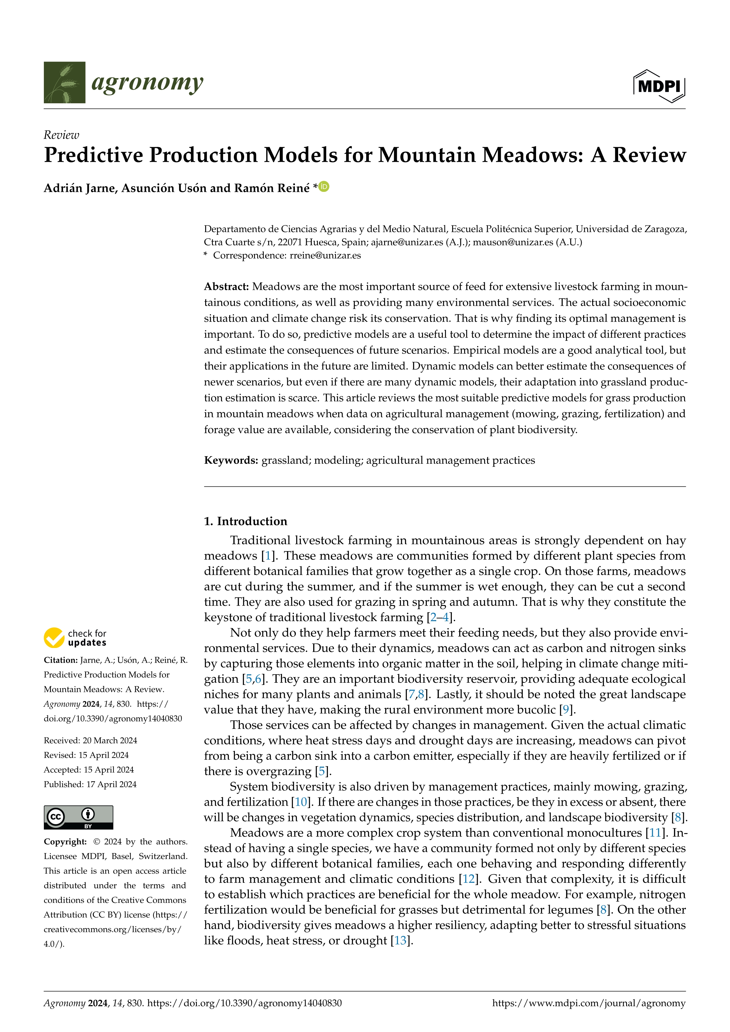 Predictive Production Models for Mountain Meadows: A Review