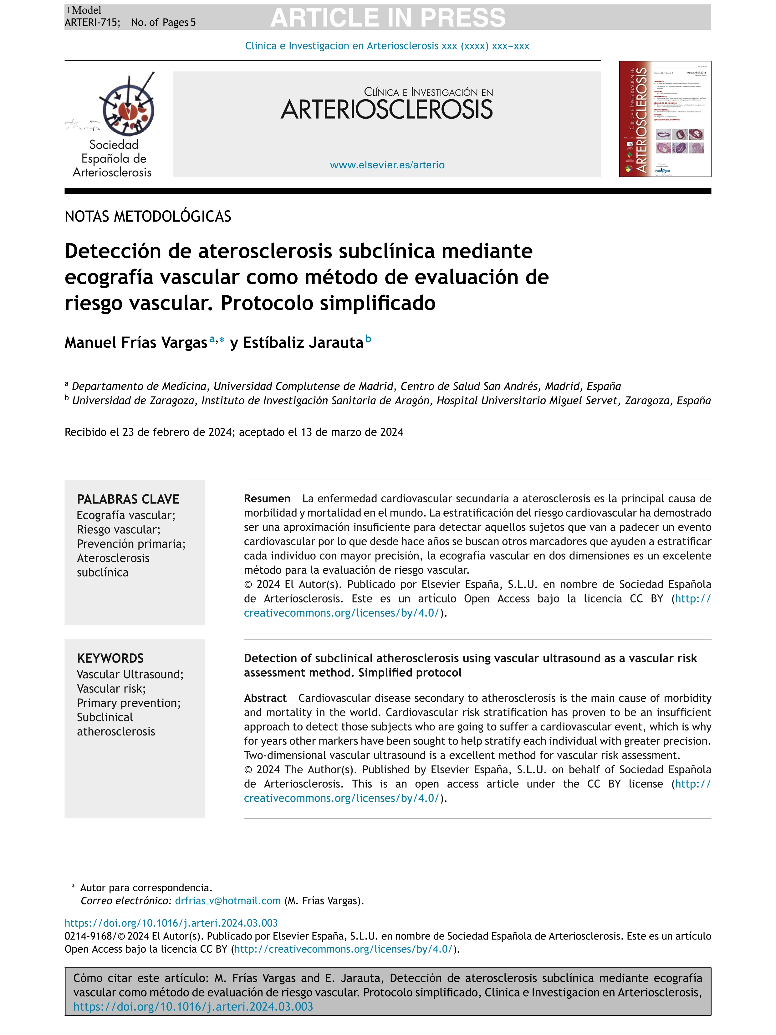 Detección de aterosclerosis subclínica mediante ecografía vascular como método de evaluación de riesgo vascular. Protocolo simplificado