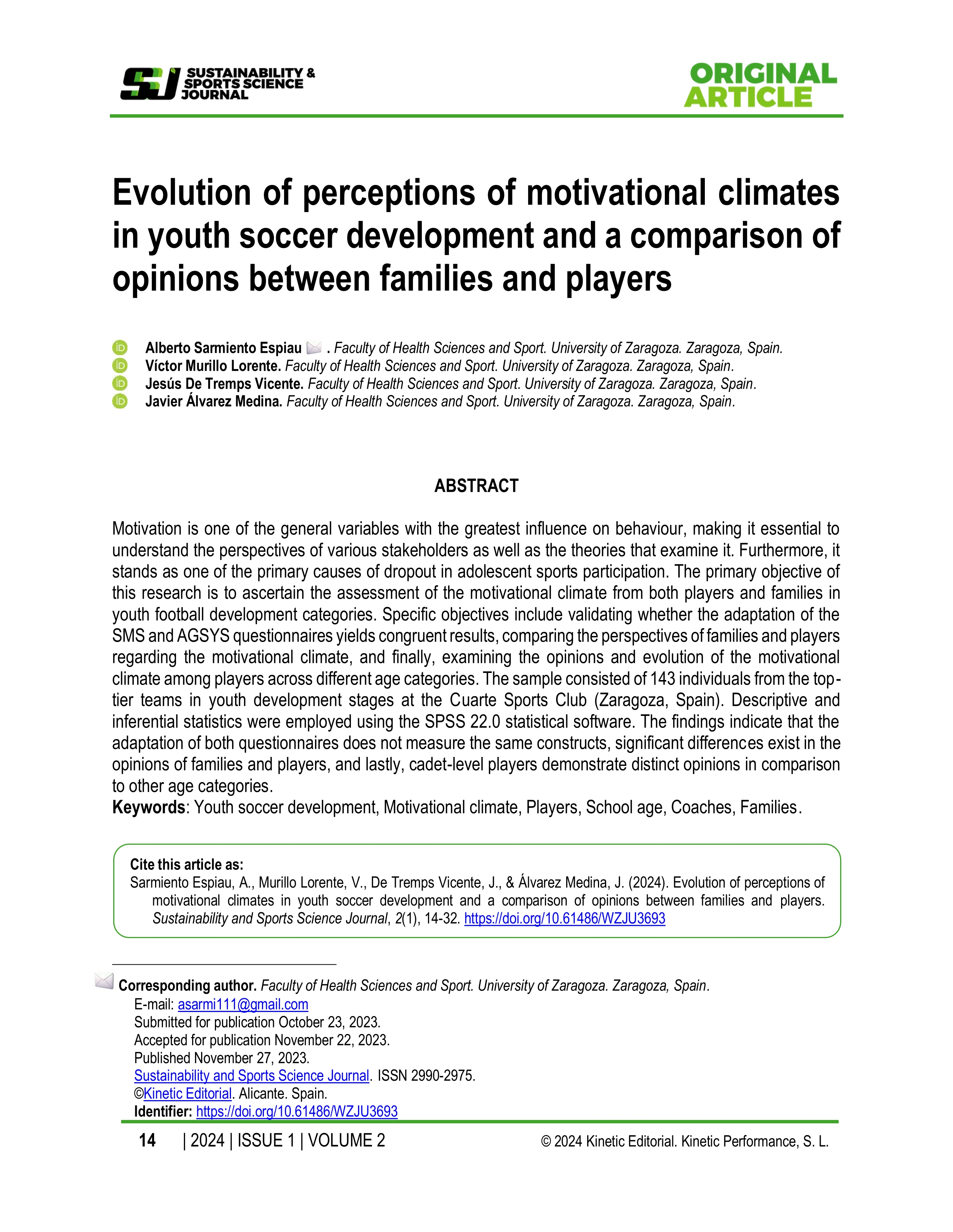 Evolution of perceptions of motivational climates in youth soccer development and a comparison of opinions between families and players