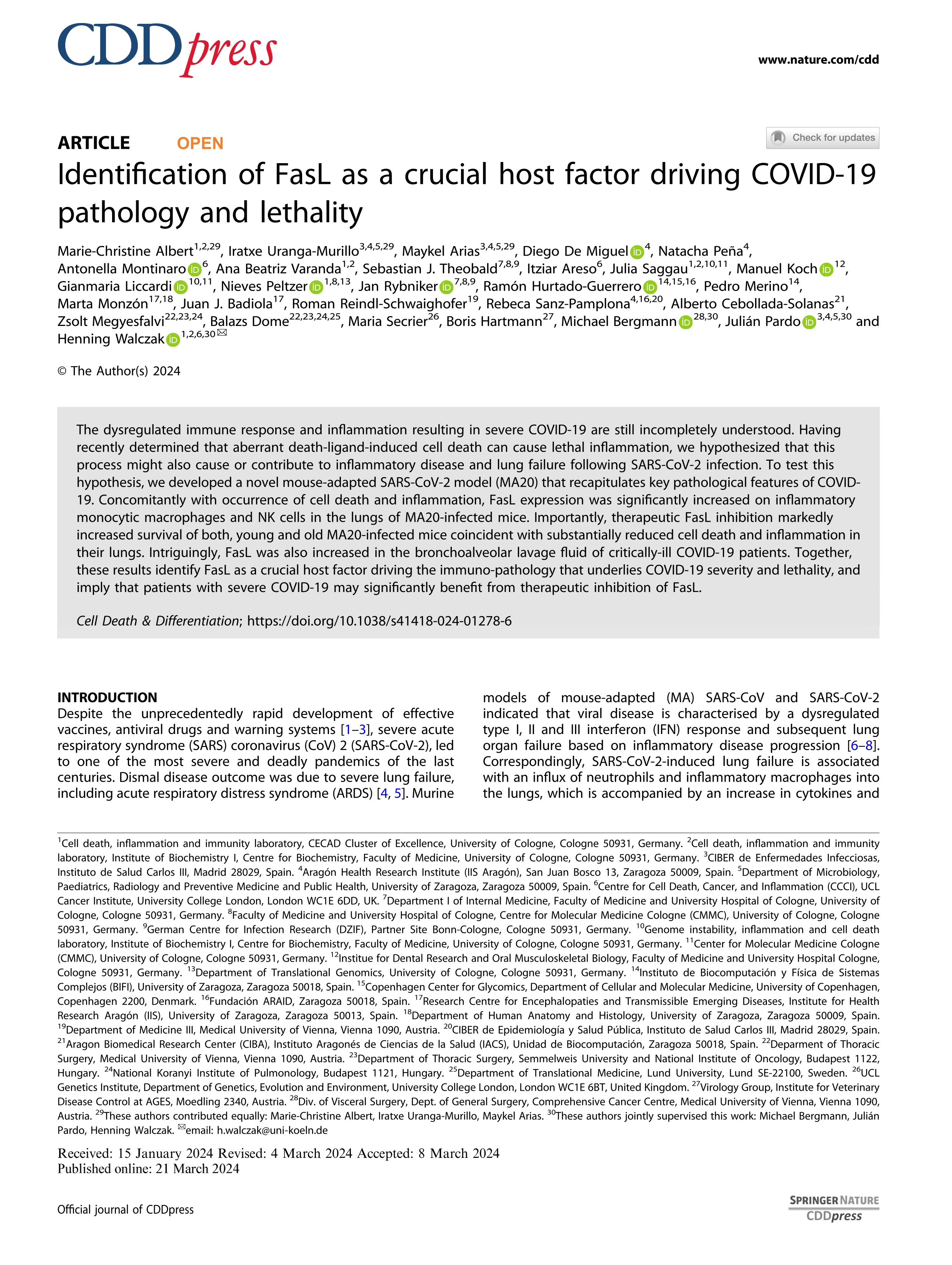 Identification of FasL as a crucial host factor driving COVID-19 pathology and lethality