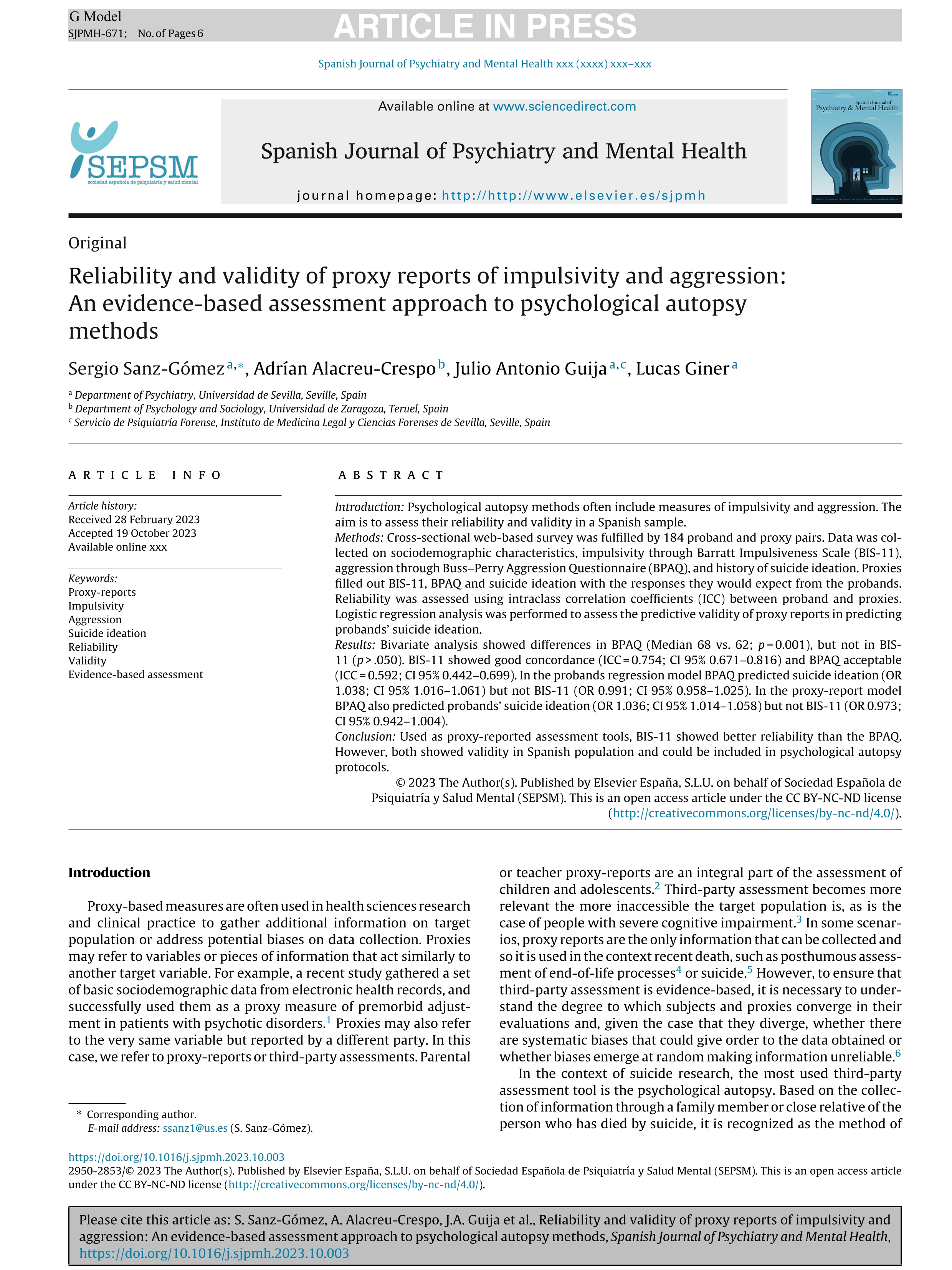 Reliability and validity of proxy reports of impulsivity and aggression: An evidence-based assessment approach to psychological autopsy methods