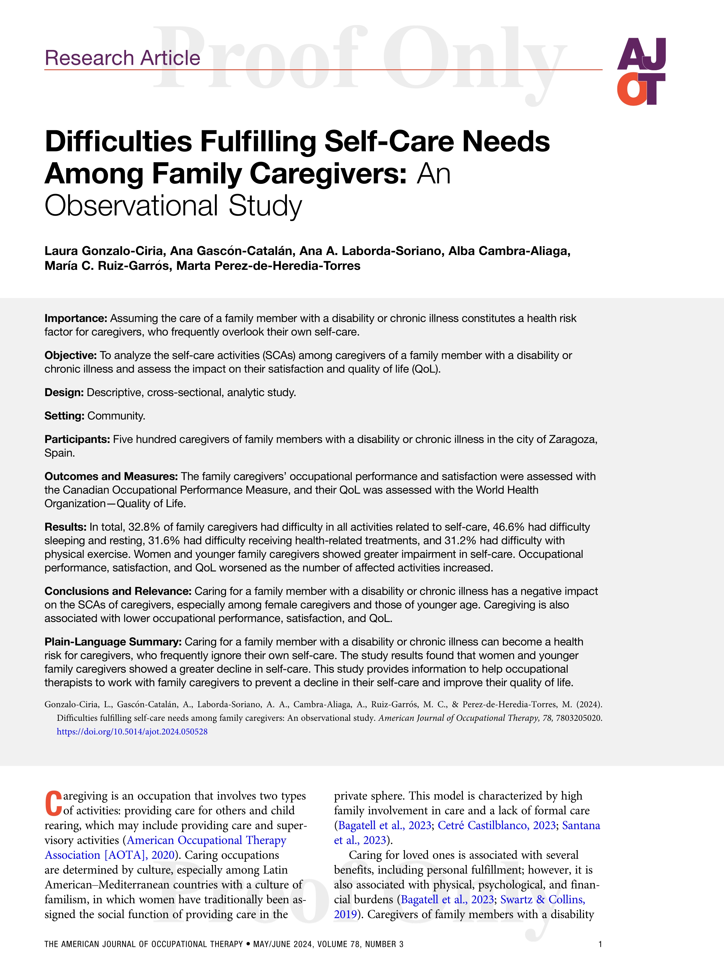 Difficulties Fulfilling Self-Care Needs Among Family Caregivers: An Observational Study