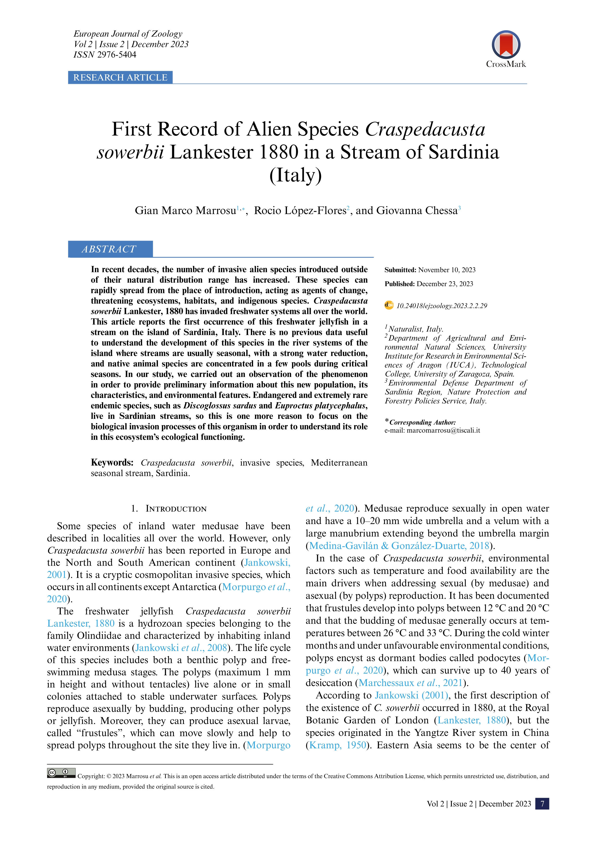 First Record of Alien Species Craspedacusta sowerbii Lankester 1880 in a Stream of Sardinia (Italy)