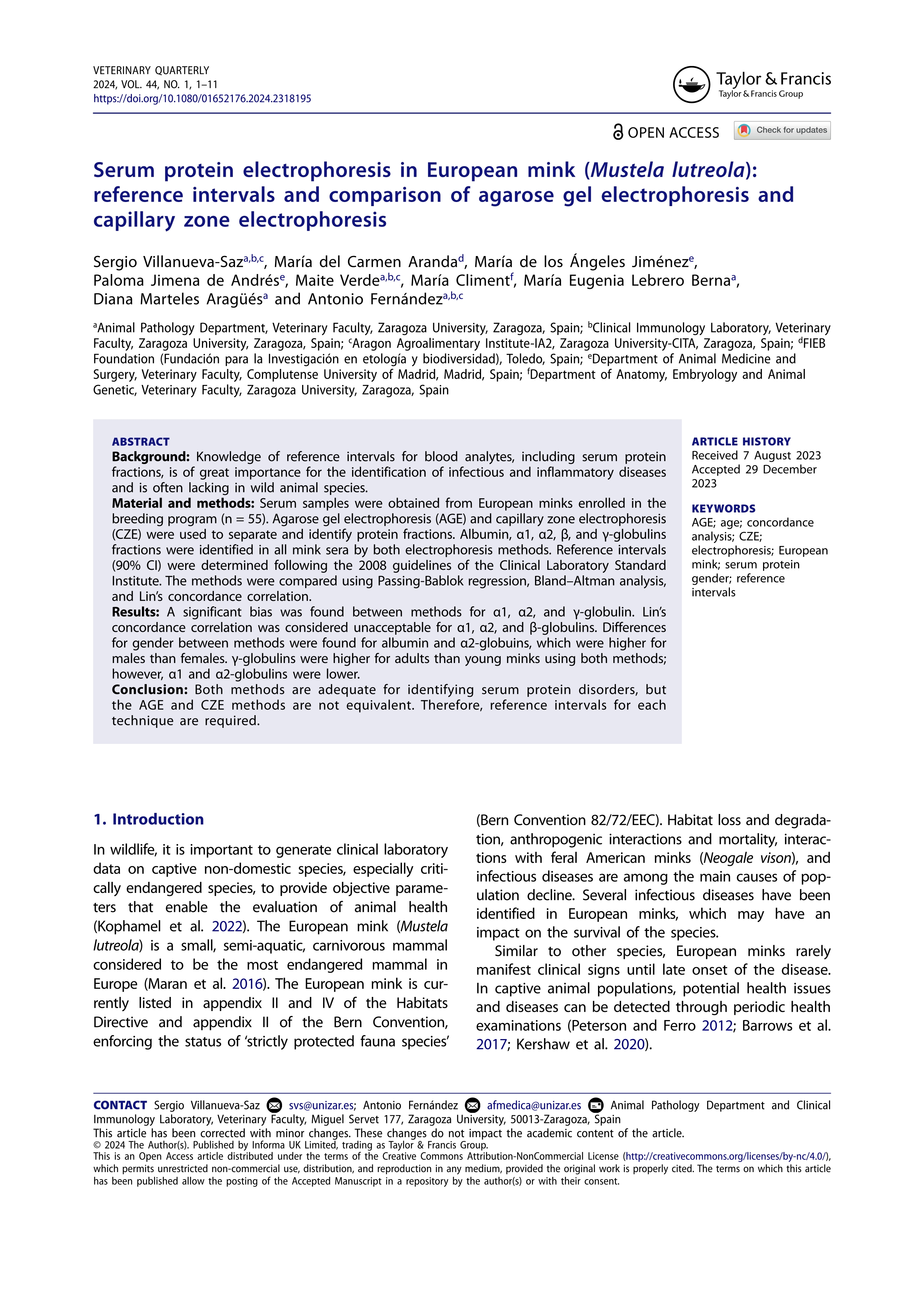 Serum protein electrophoresis in European mink (Mustela lutreola): reference intervals and comparison of agarose gel electrophoresis and capillary zone electrophoresis