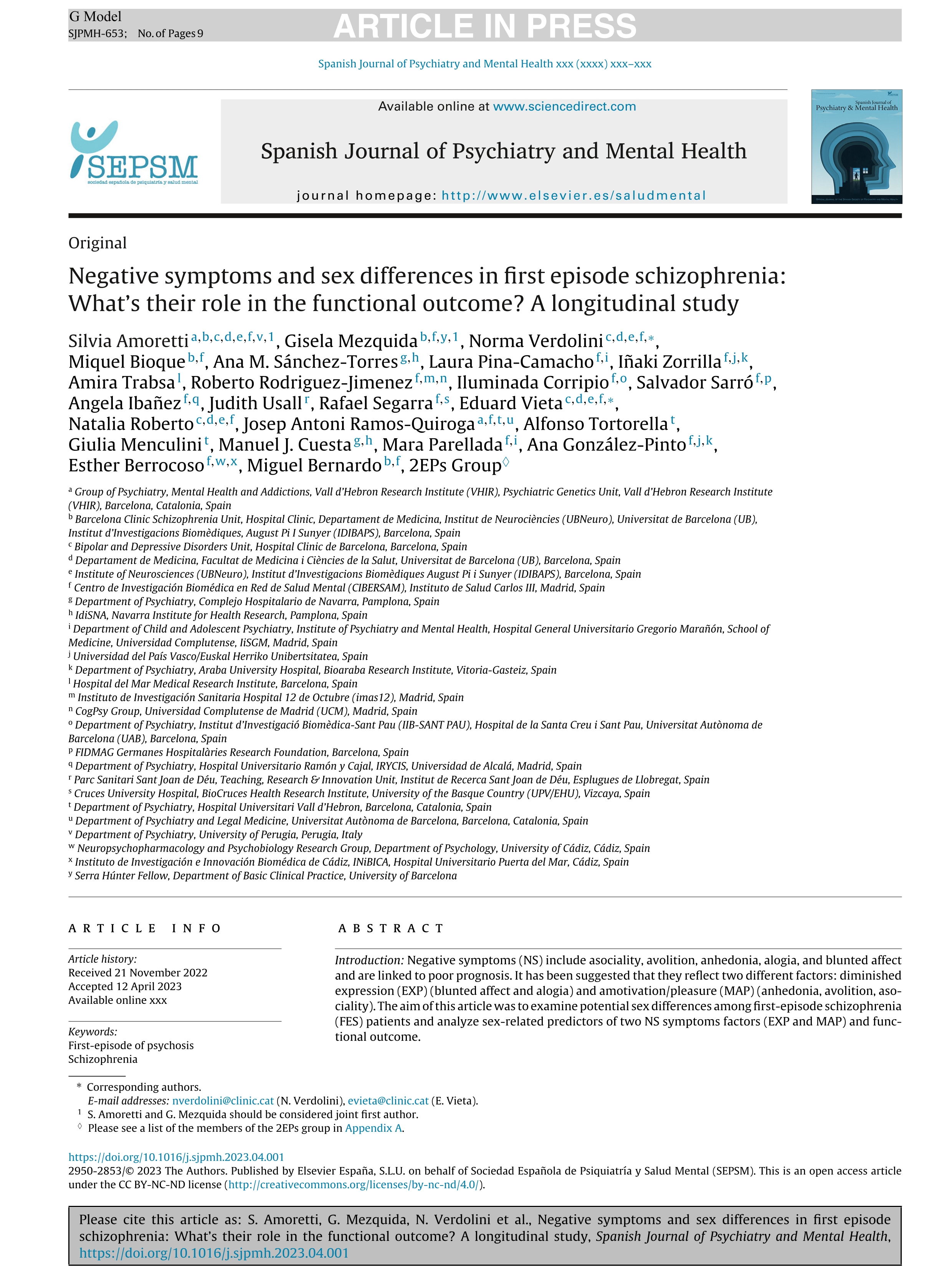 Negative symptoms and sex differences in first episode schizophrenia: What's their role in the functional outcome? A longitudinal study