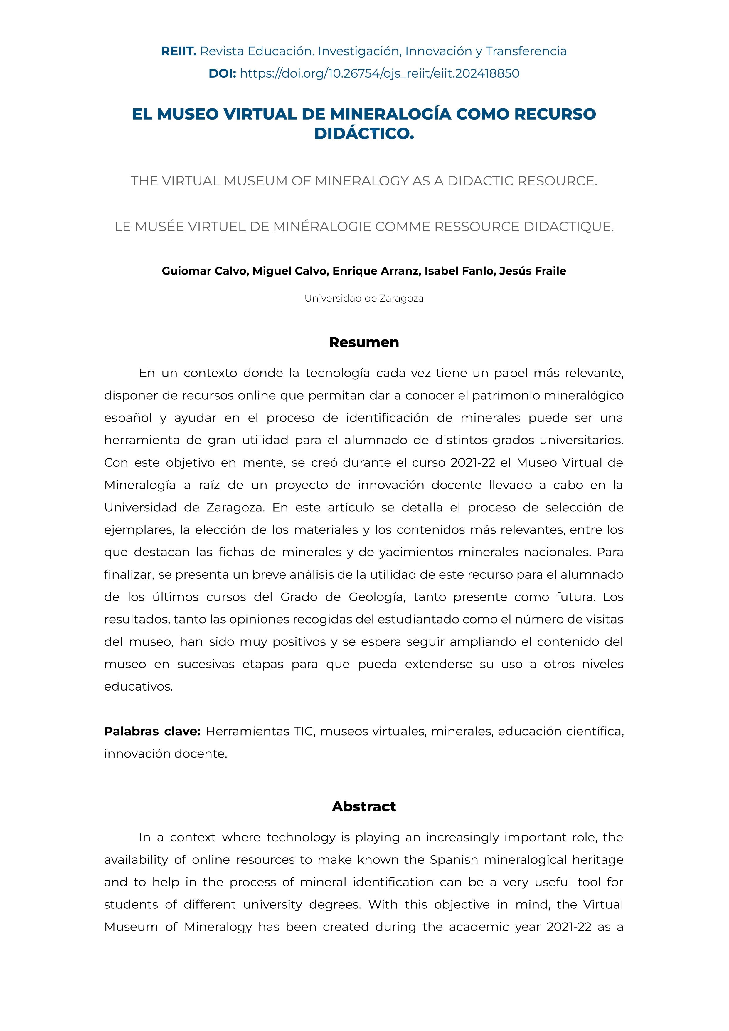 El Museo Virtual de Mineralogía como recurso didáctico