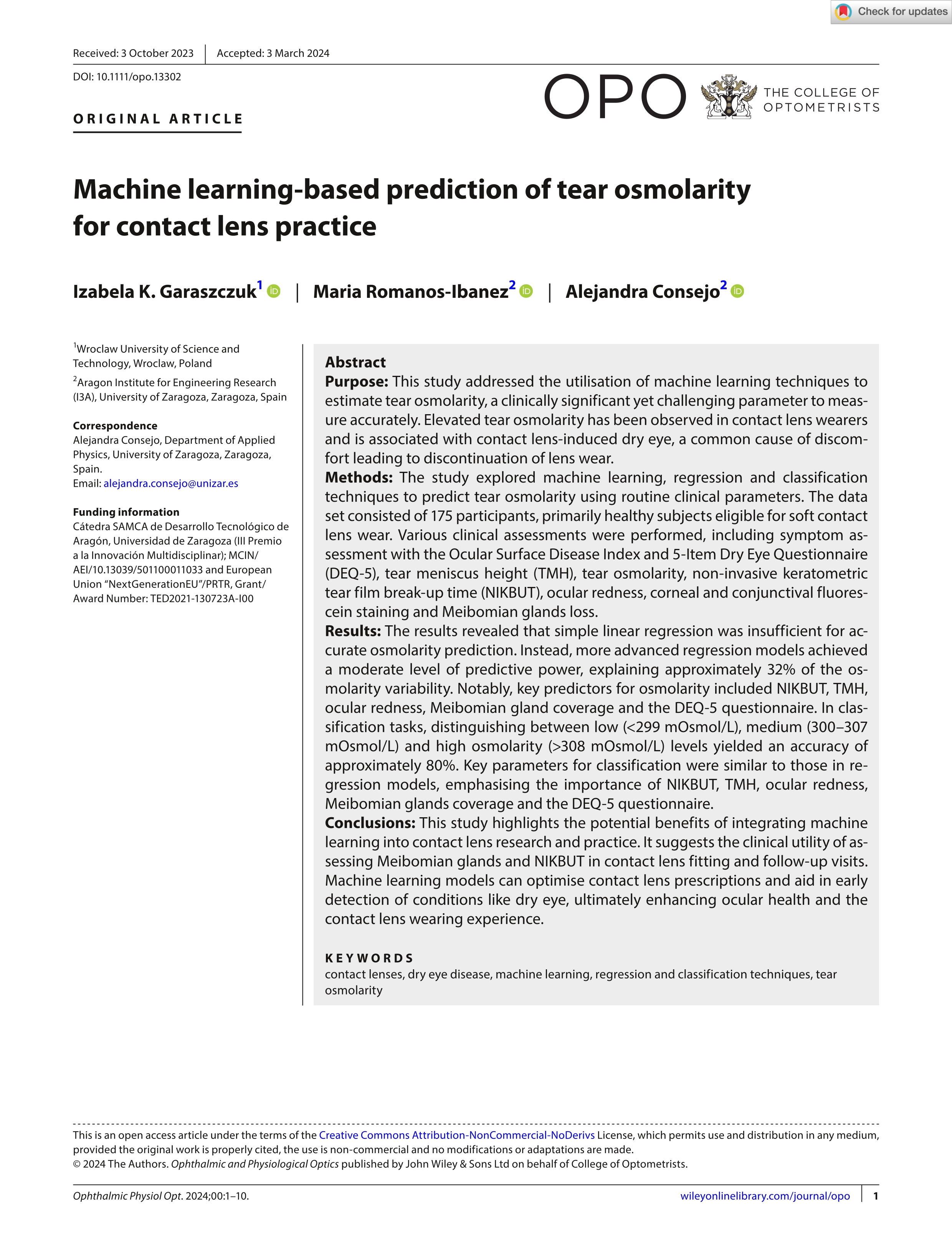 Machine learning-based prediction of tear osmolarity for contact lens practice