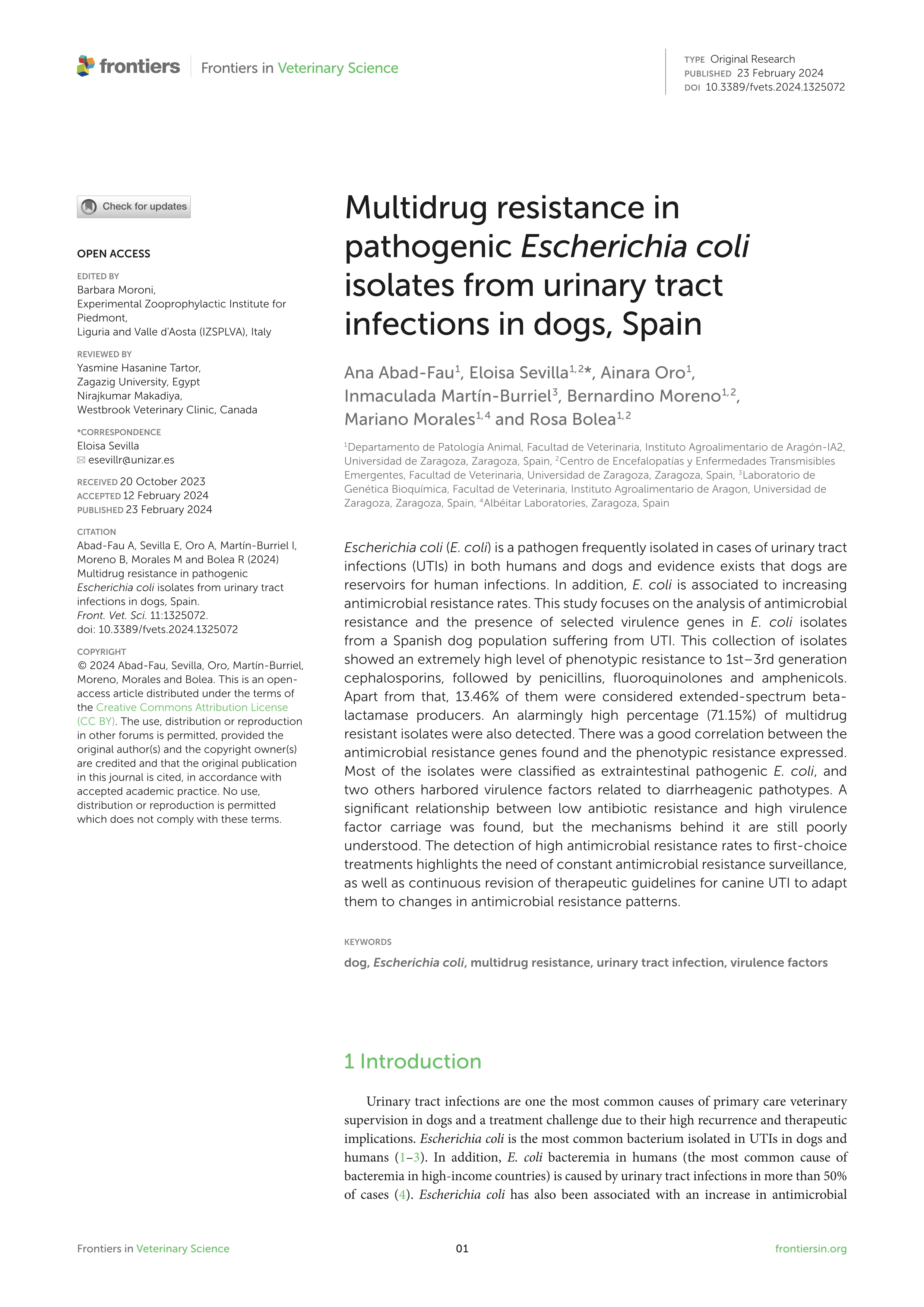 Multidrug resistance in pathogenic Escherichia coli isolates from urinary tract infections in dogs, Spain