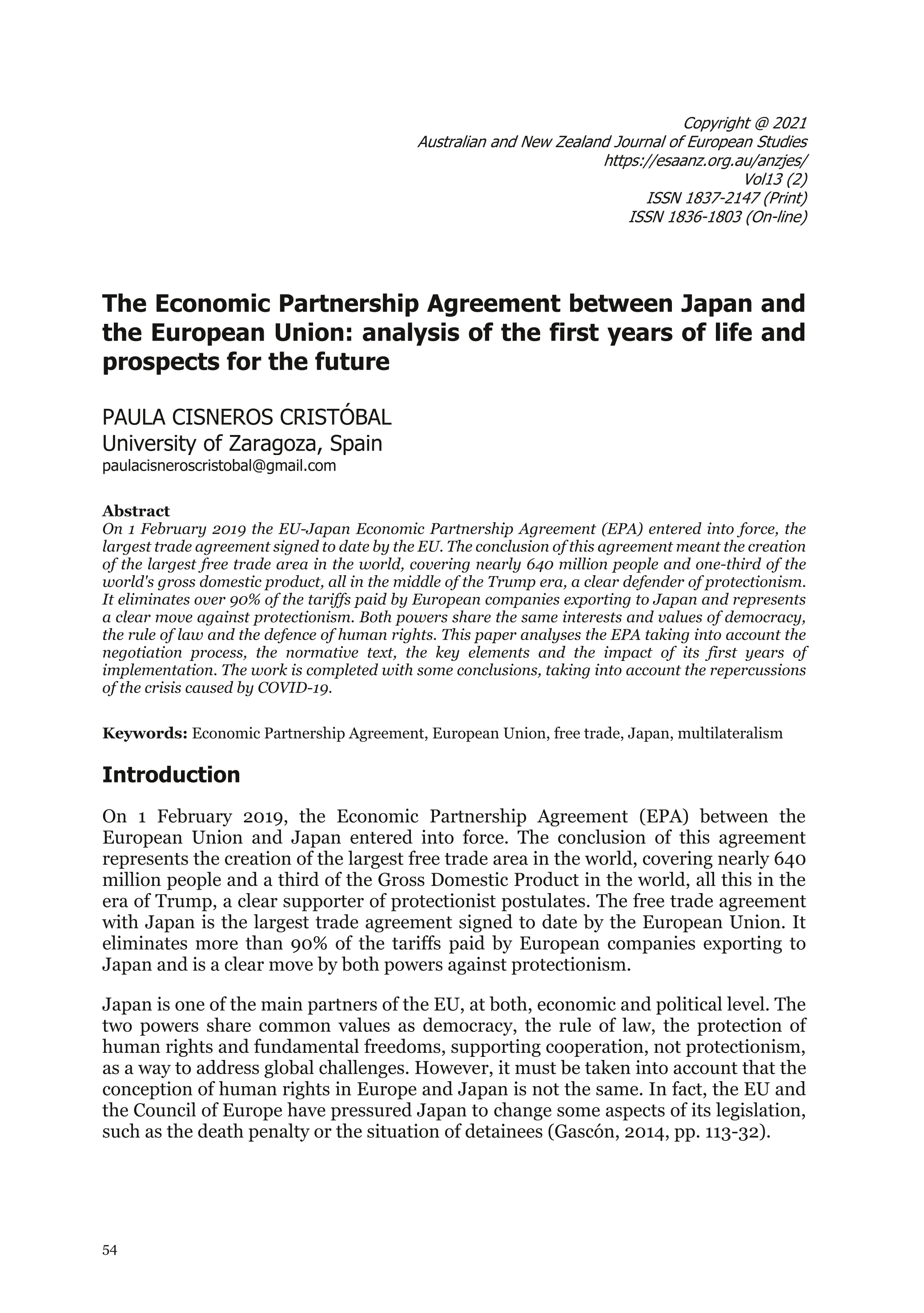 The Economic Partnership Agreement between Japan and the European Union: analysis of the first years of life and prospects for the future