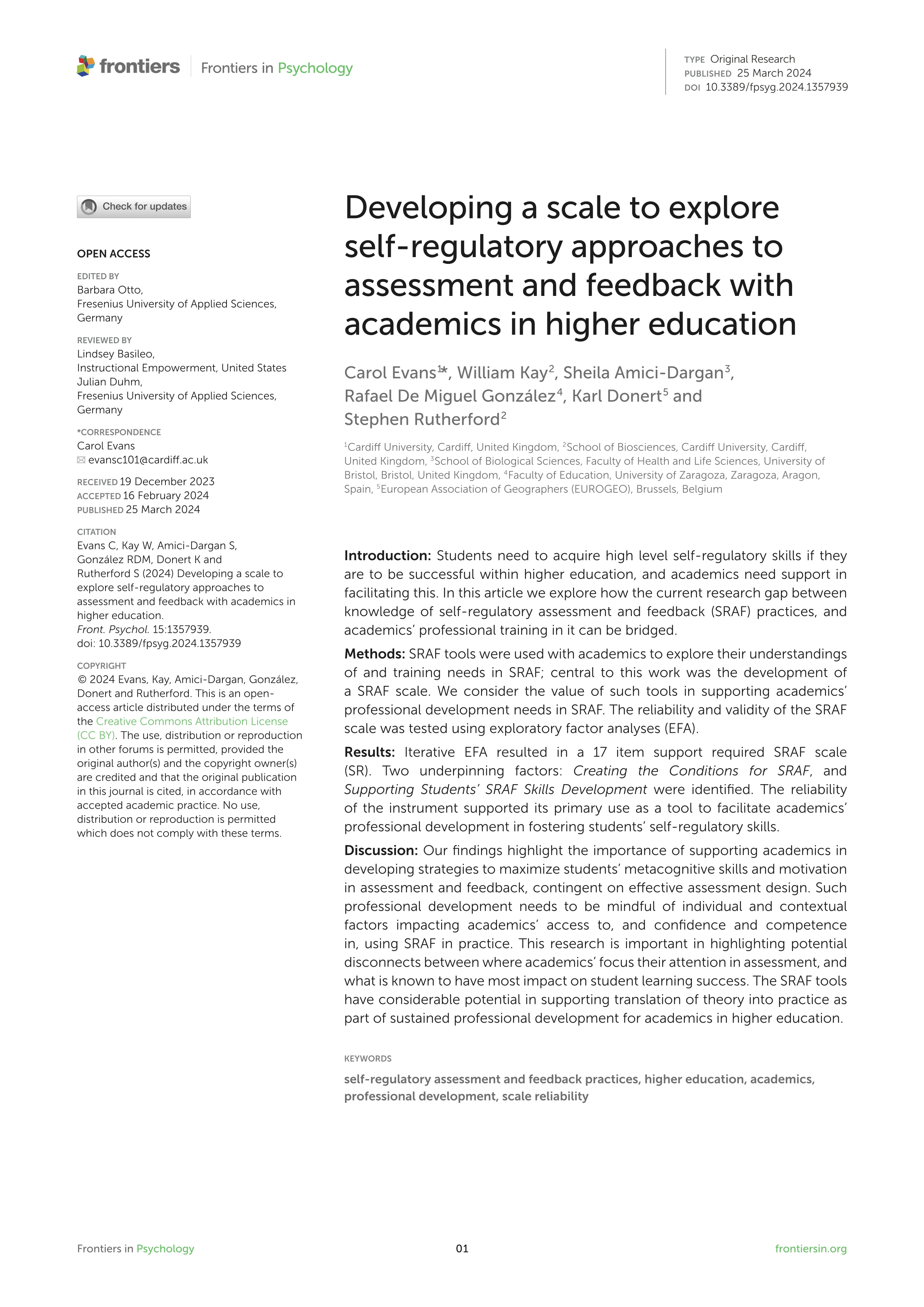Developing a scale to explore self-regulatory approaches to assessment and feedback with academics in higher education