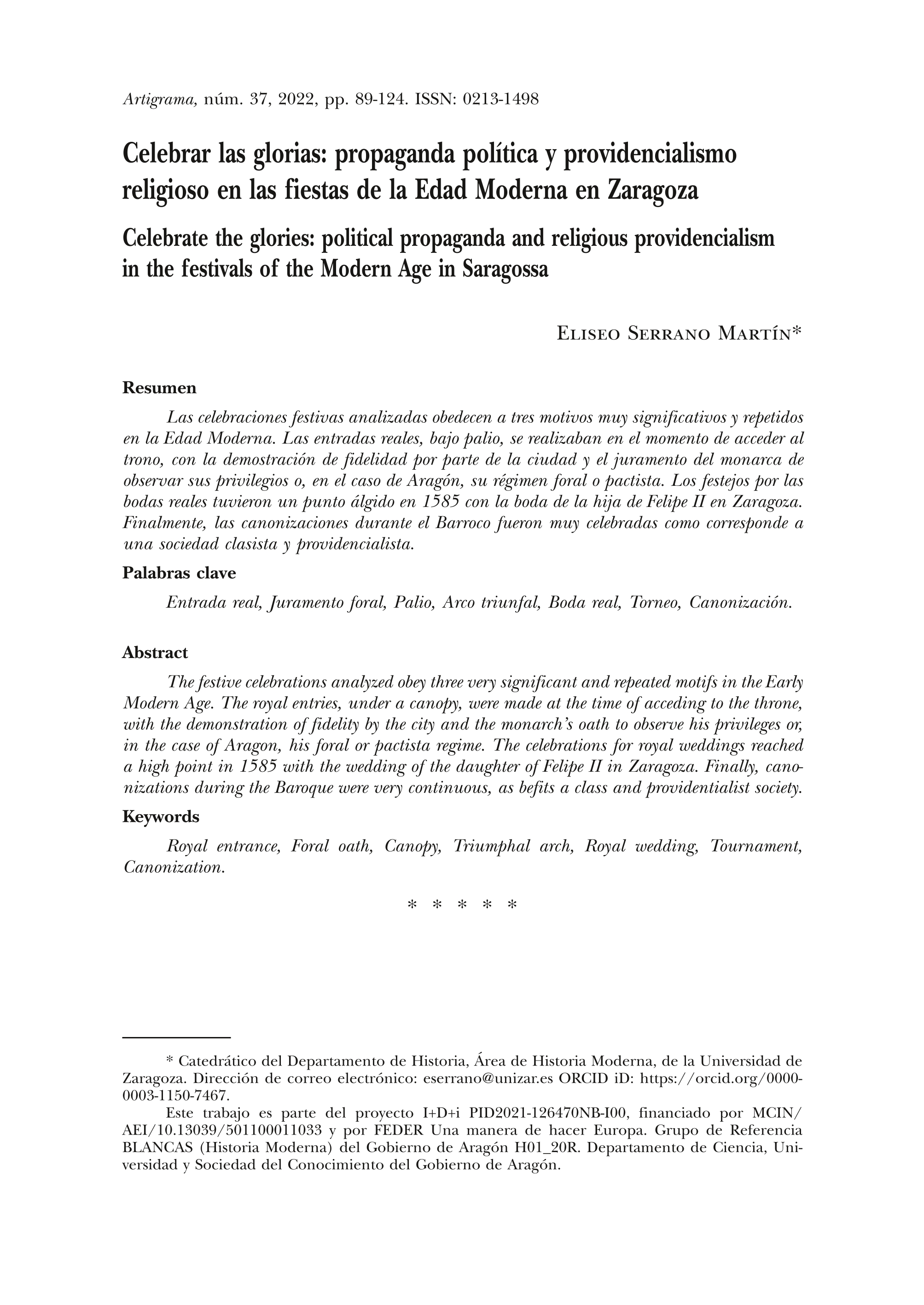 Celebrar las glorias: propagando política y providencialismo religioso en las fiestas de la Edad Moderna en Zaragoza