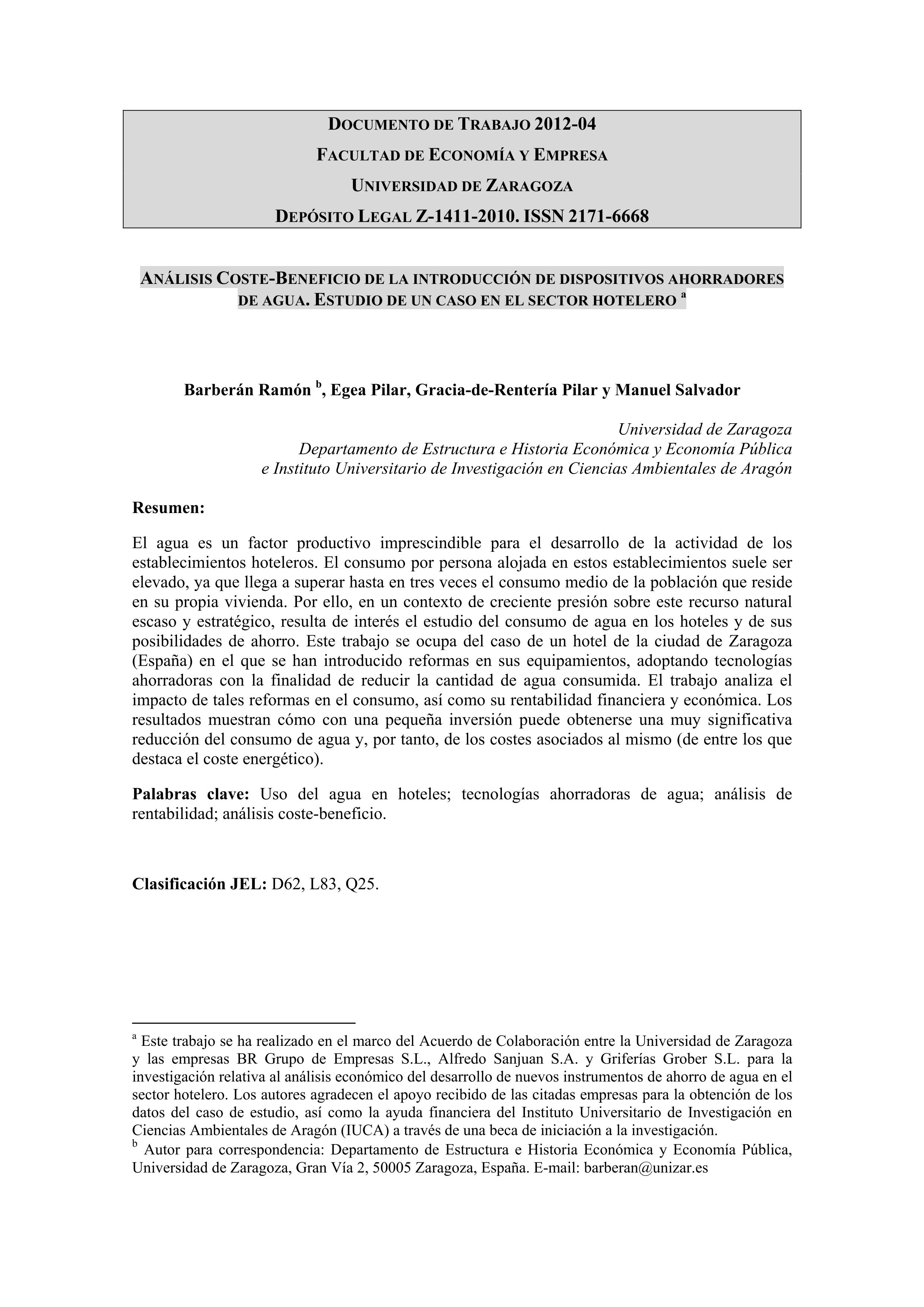 Análisis coste-beneficio de la introducción de dispositivos ahorradores de agua. Estudio de un caso en el sector hotelero