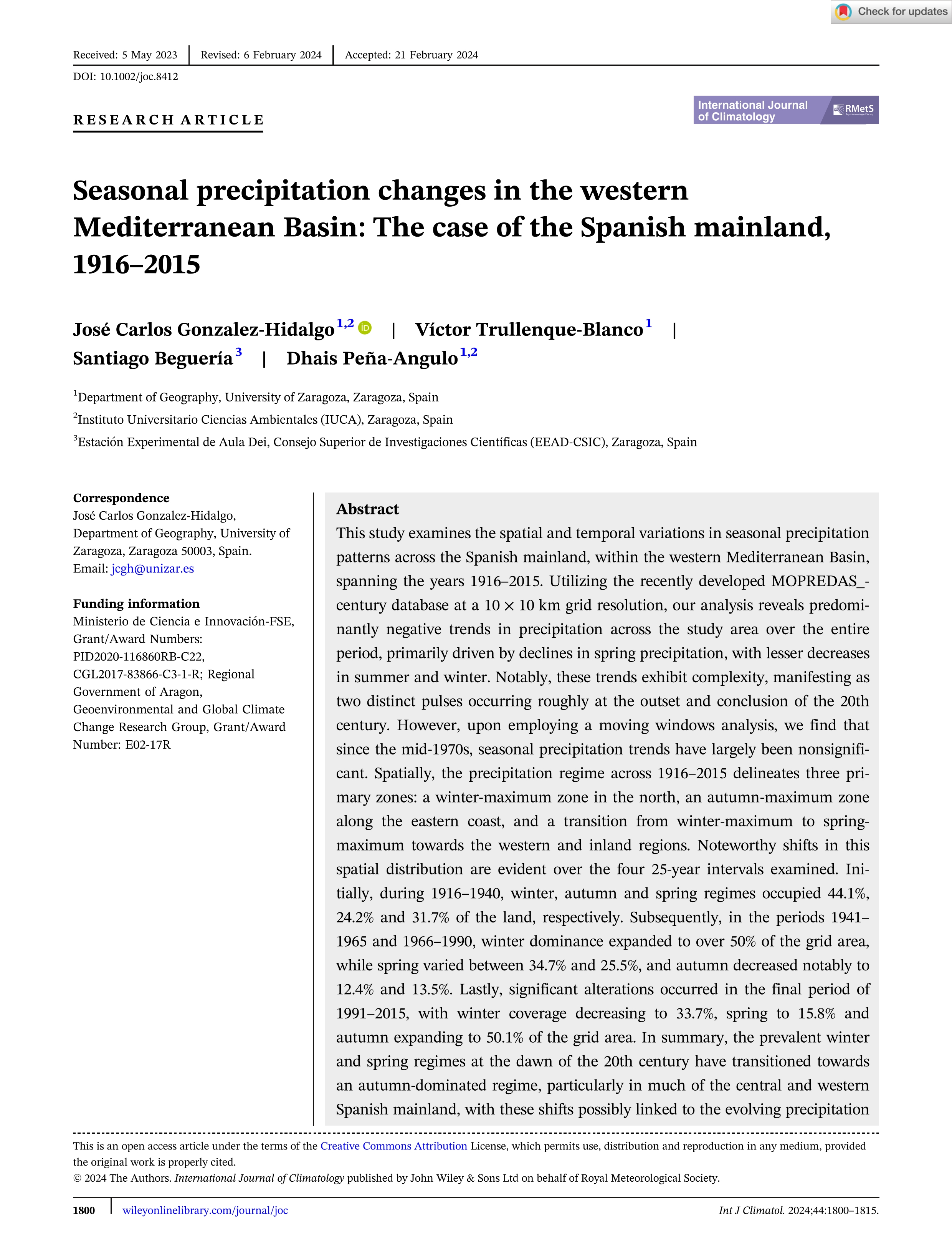 Seasonal precipitation changes in the western Mediterranean Basin: The case of the Spanish mainland, 1916–2015
