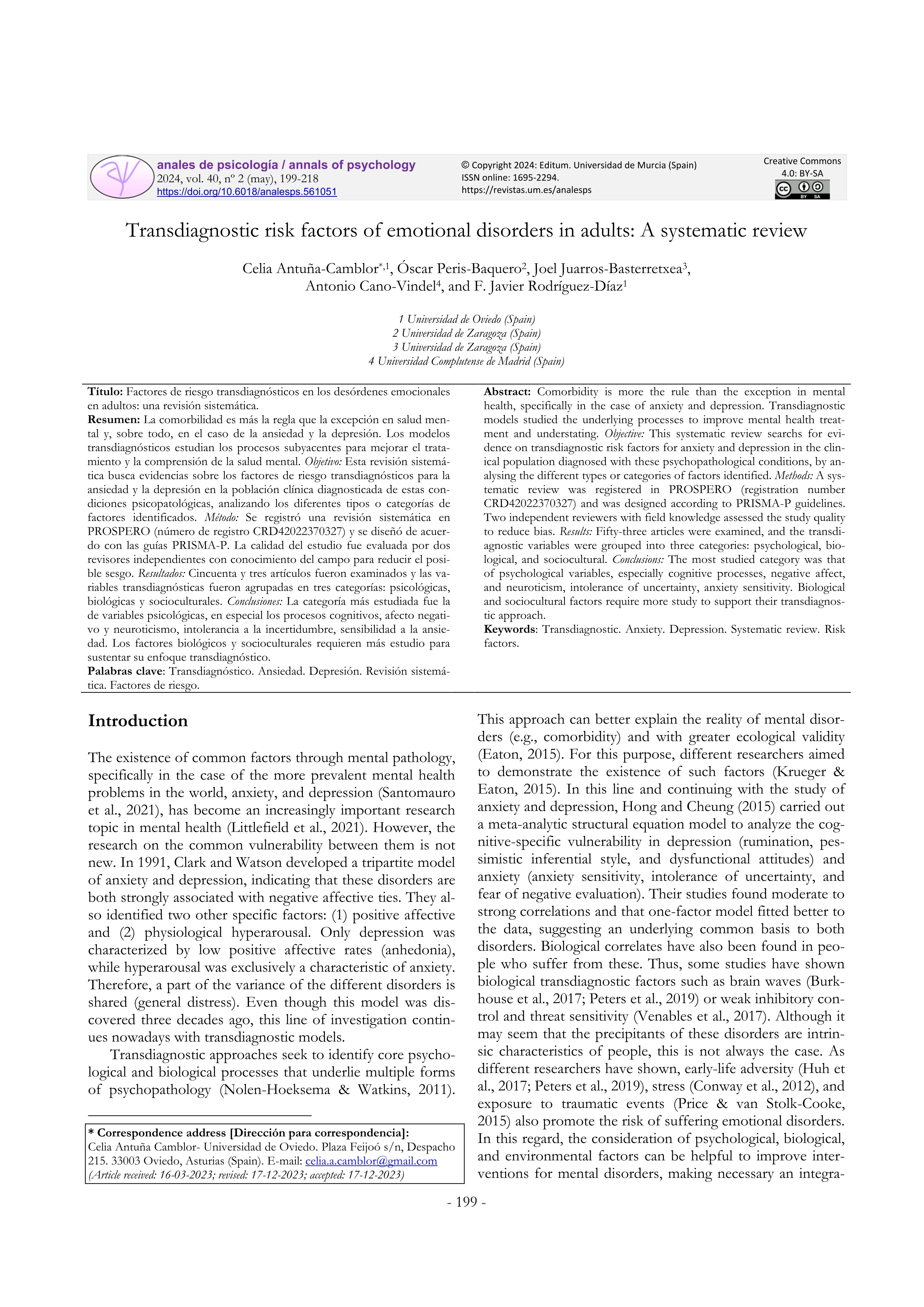 Transdiagnostic risk factors of emotional disorders in adults: A systematic review