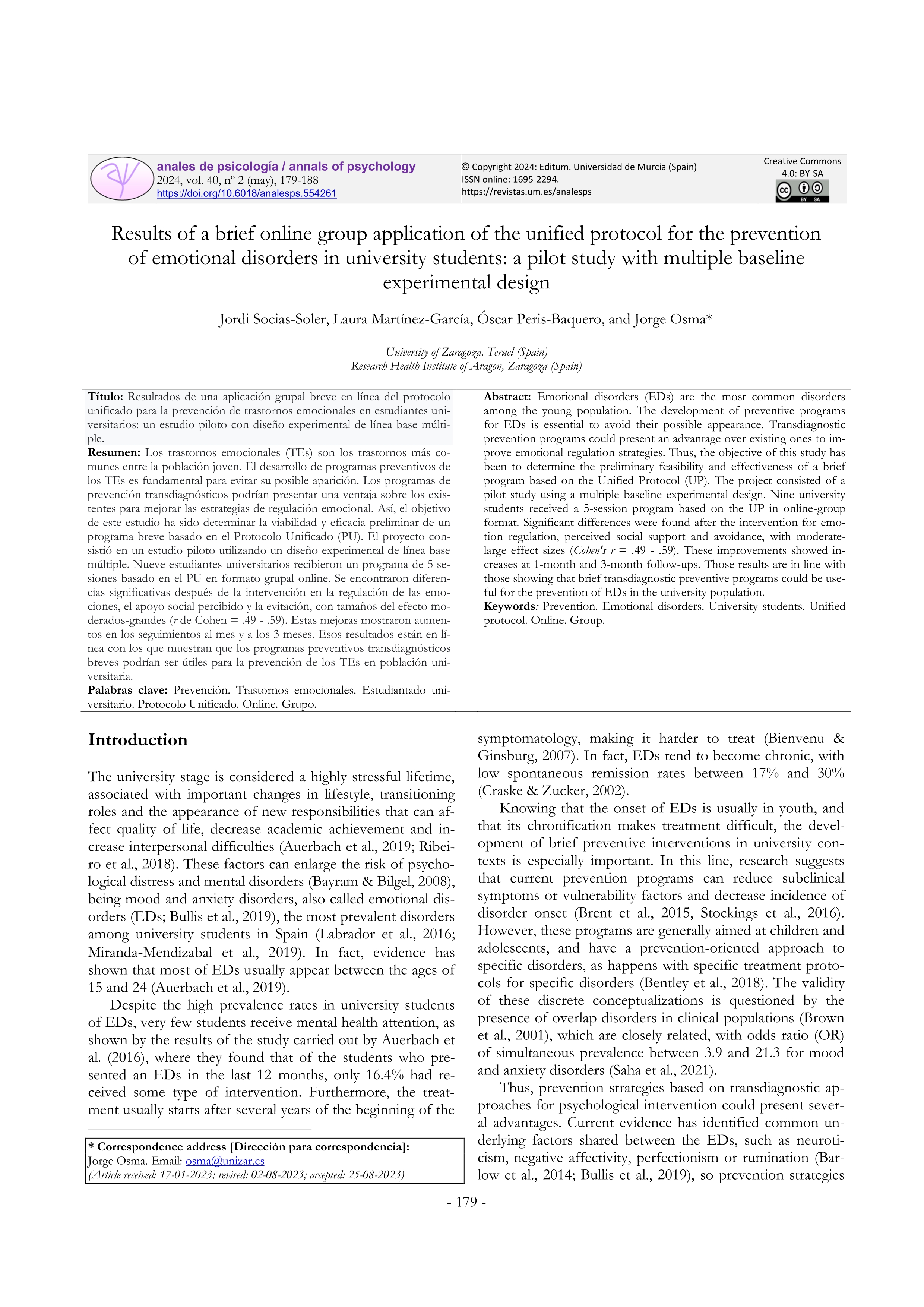 Results of a brief online group application of the unified protocol for the preventionof emotional disorders in university students: a pilot study with multiple baseline experimental design