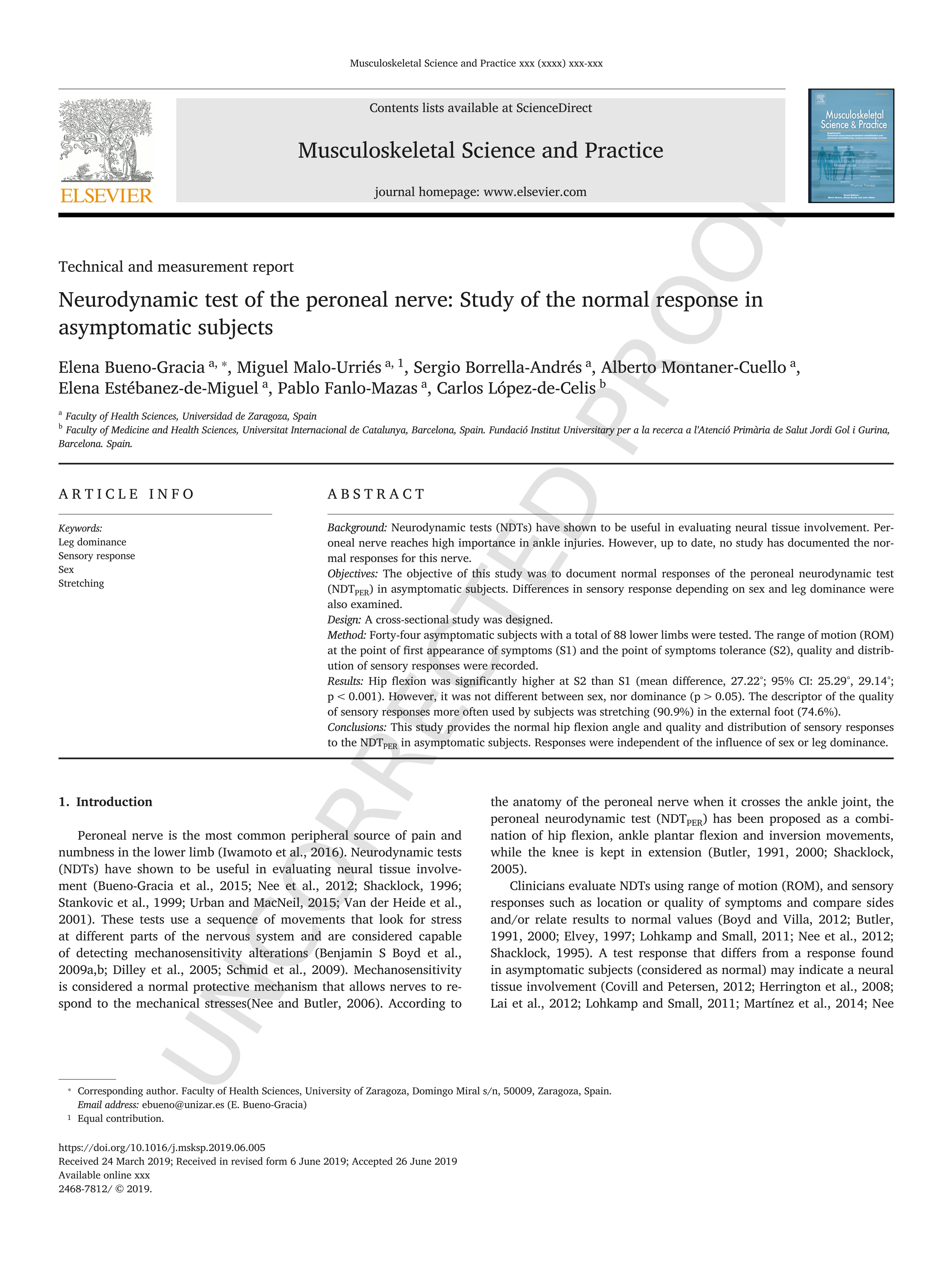 Neurodynamic test of the peroneal nerve: Study of the normal response in asymptomatic subjects