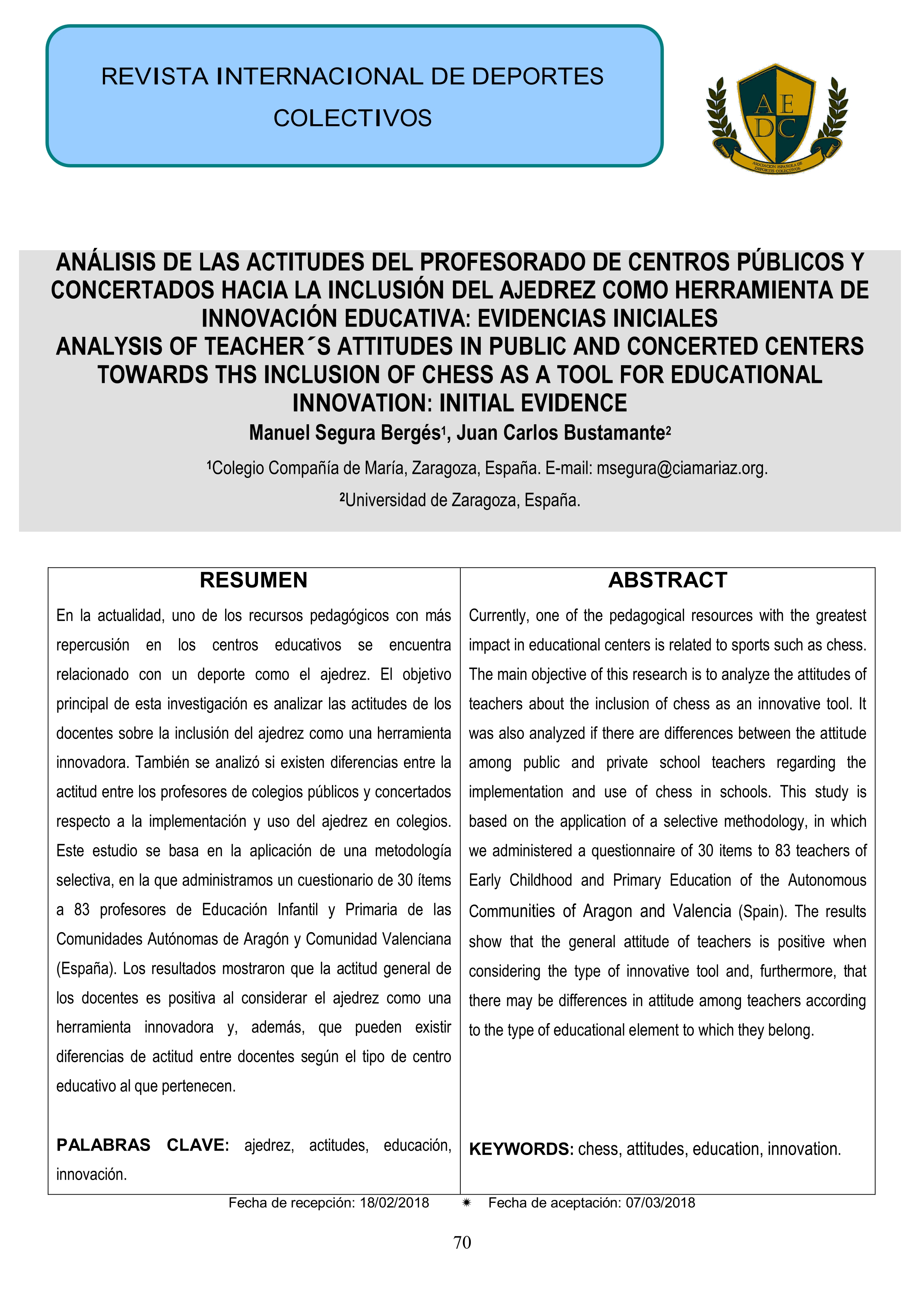Análisis de las actitudes del profesorado de centros públicos y concertados hacia la inclusión del ajedrez como herramienta de innovación educativa: evidencias iniciales