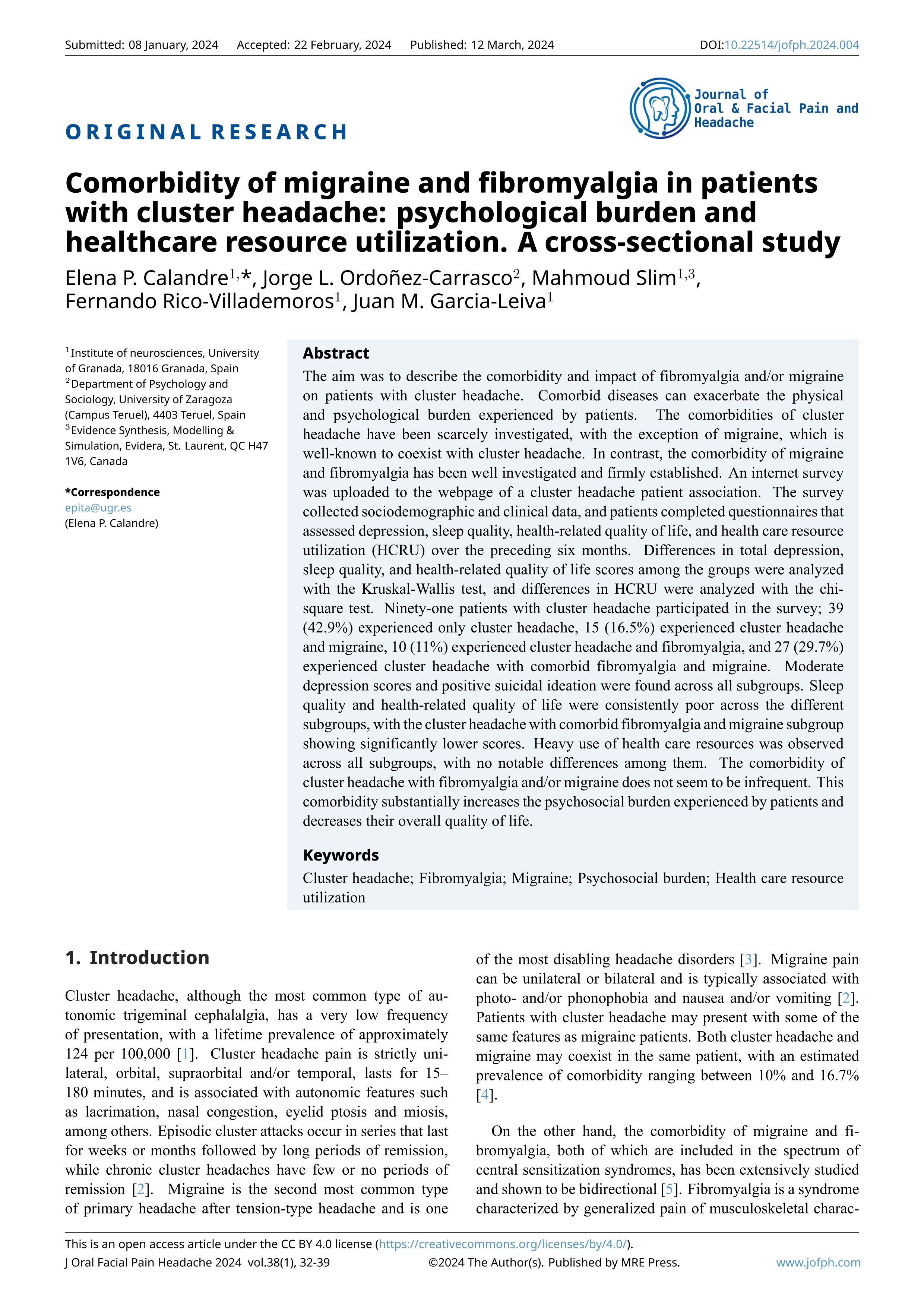 Comorbidity of migraine and fibromyalgia in patients with cluster headache: psychological burden and healthcare resource utilization. A cross-sectional study