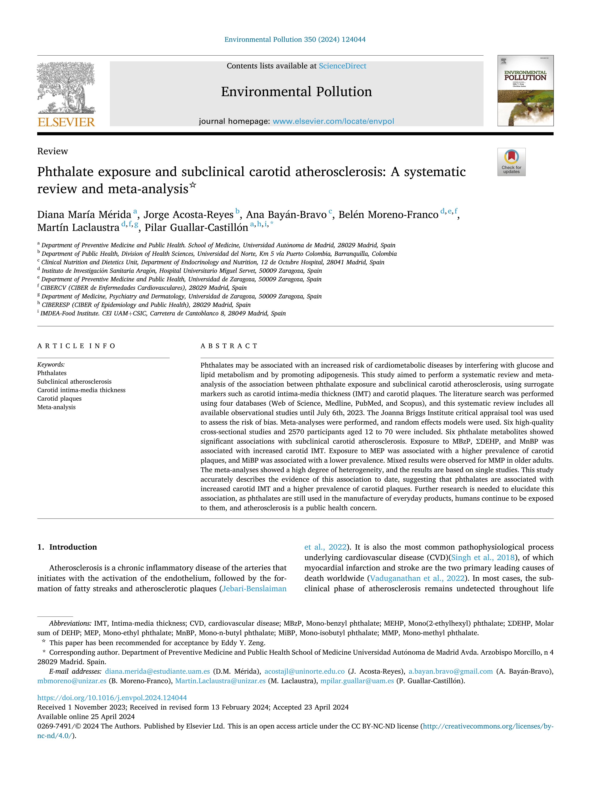 Phthalate exposure and subclinical carotid atherosclerosis: A systematic review and meta-analysis