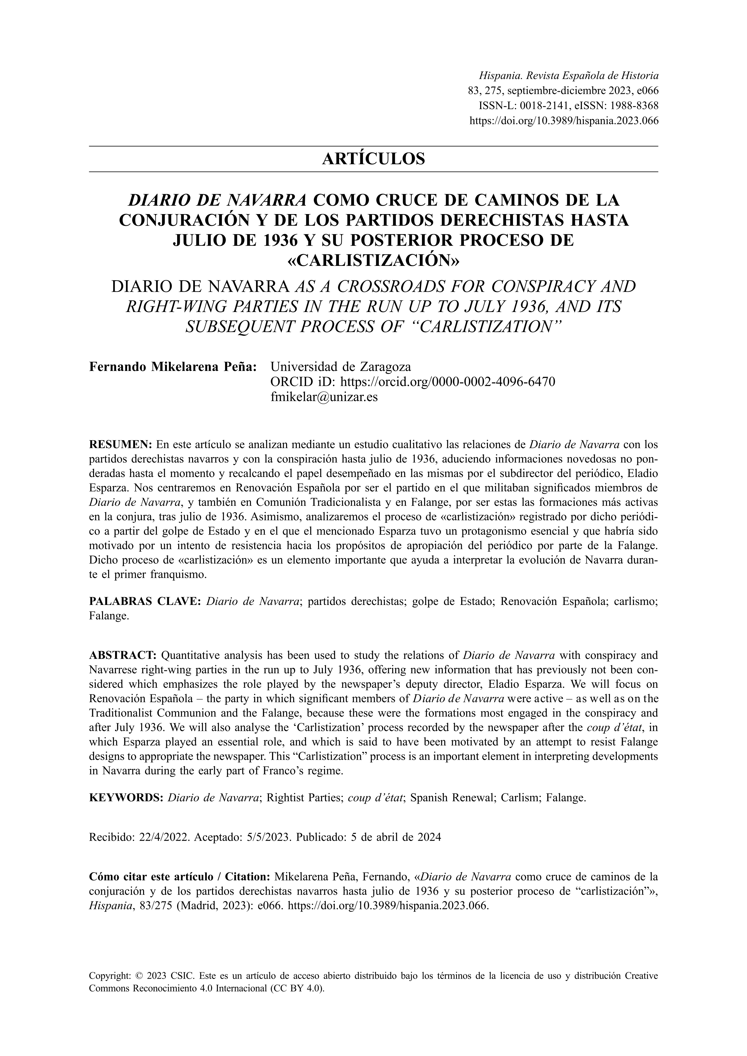 Diario de Navarra como cruce de caminos de la conjuración y de los partidos derechistas navarros hasta julio de 1936 y su posterior proceso de “carlistización”