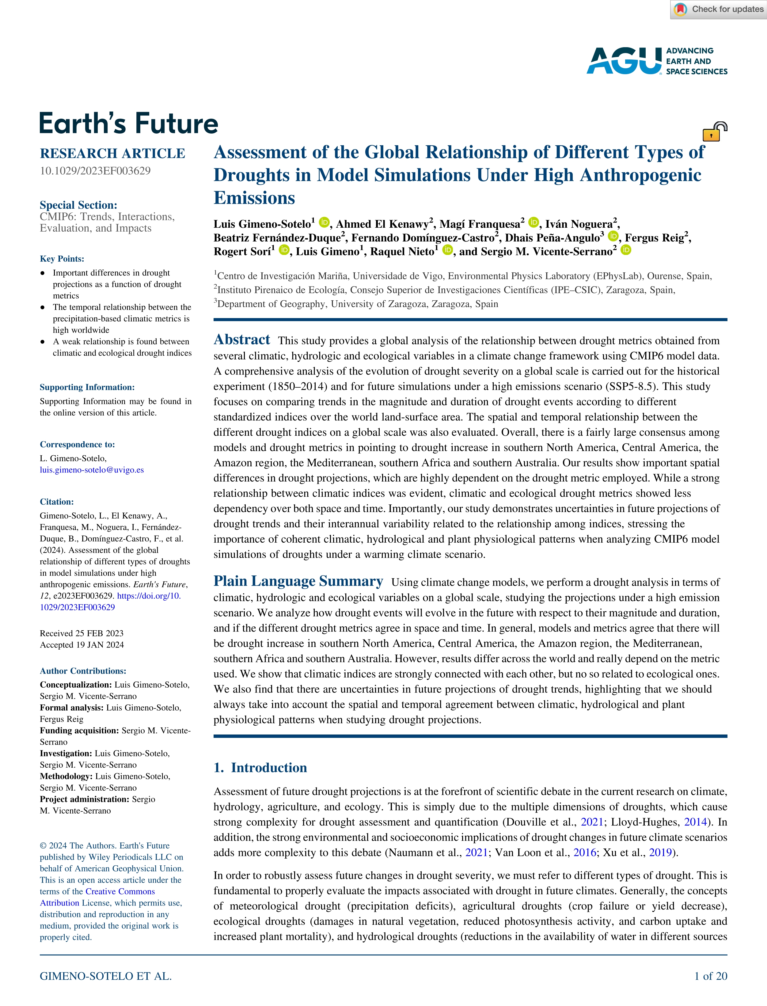 Assessment of the global relationship of different types of droughts in model simulations under high anthropogenic emissions