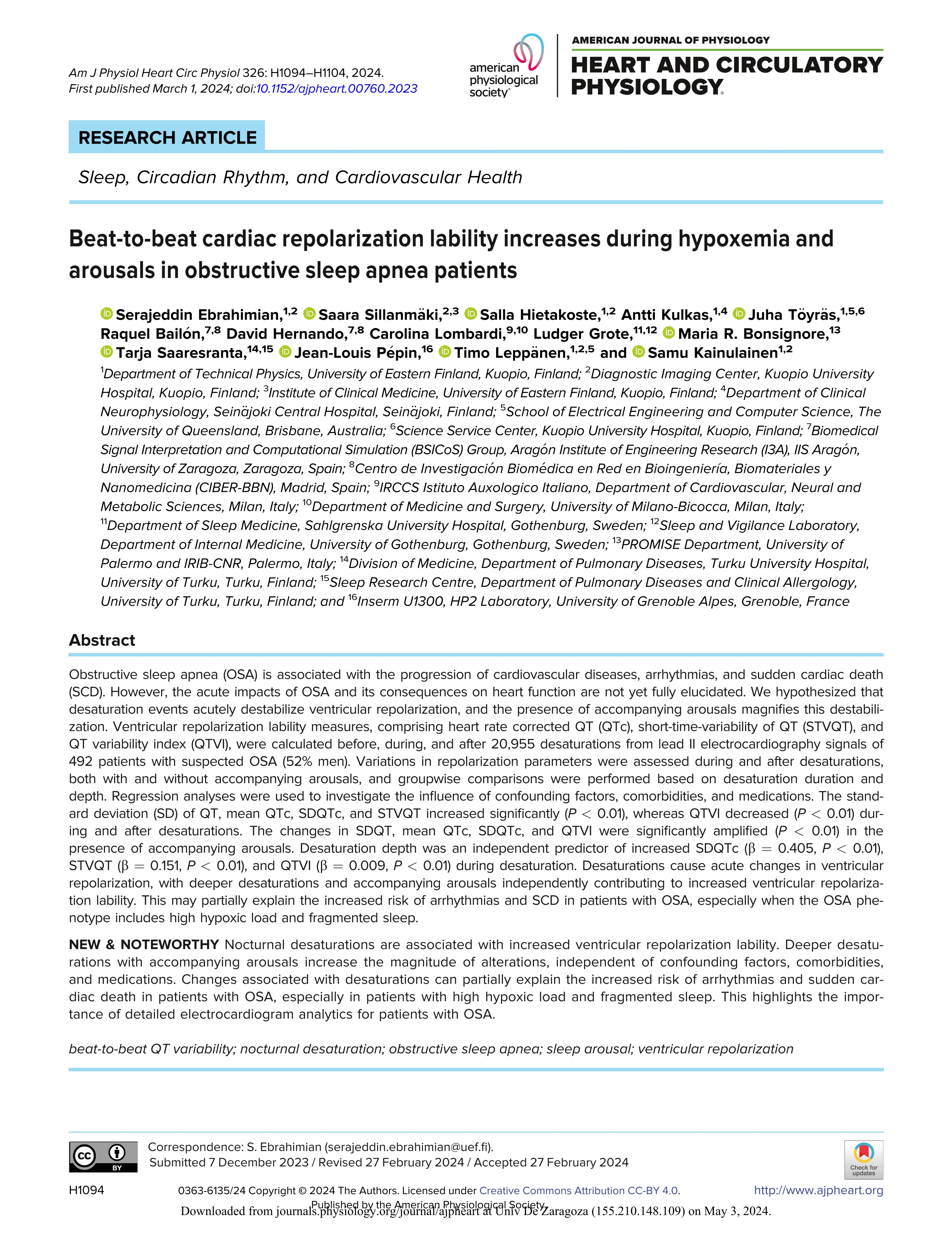 Beat-to-beat cardiac repolarization lability increases during hypoxemia and arousals in obstructive sleep apnea patients