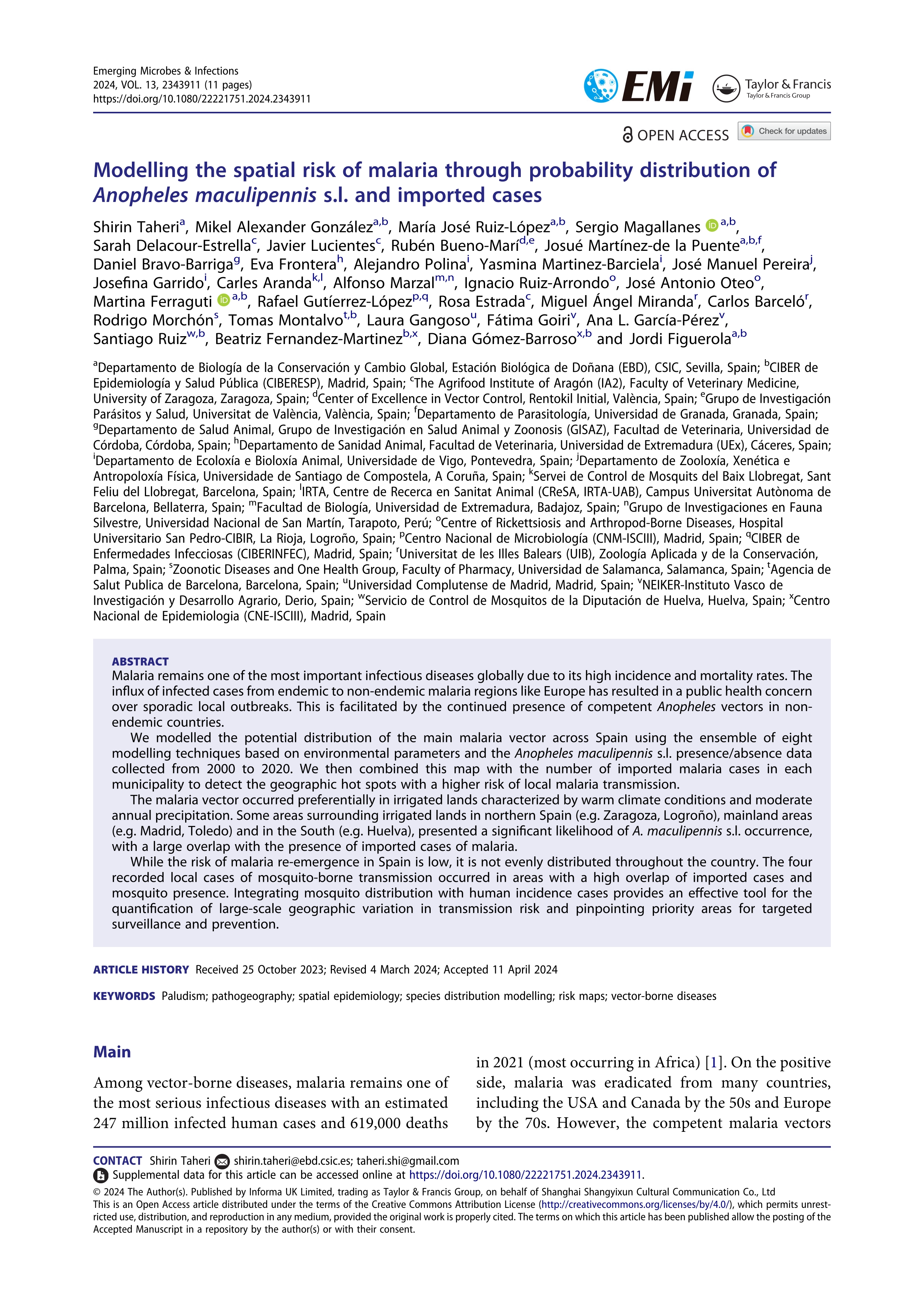 Modelling the spatial risk of malaria through probability distribution of Anopheles maculipennis s.l. and imported cases