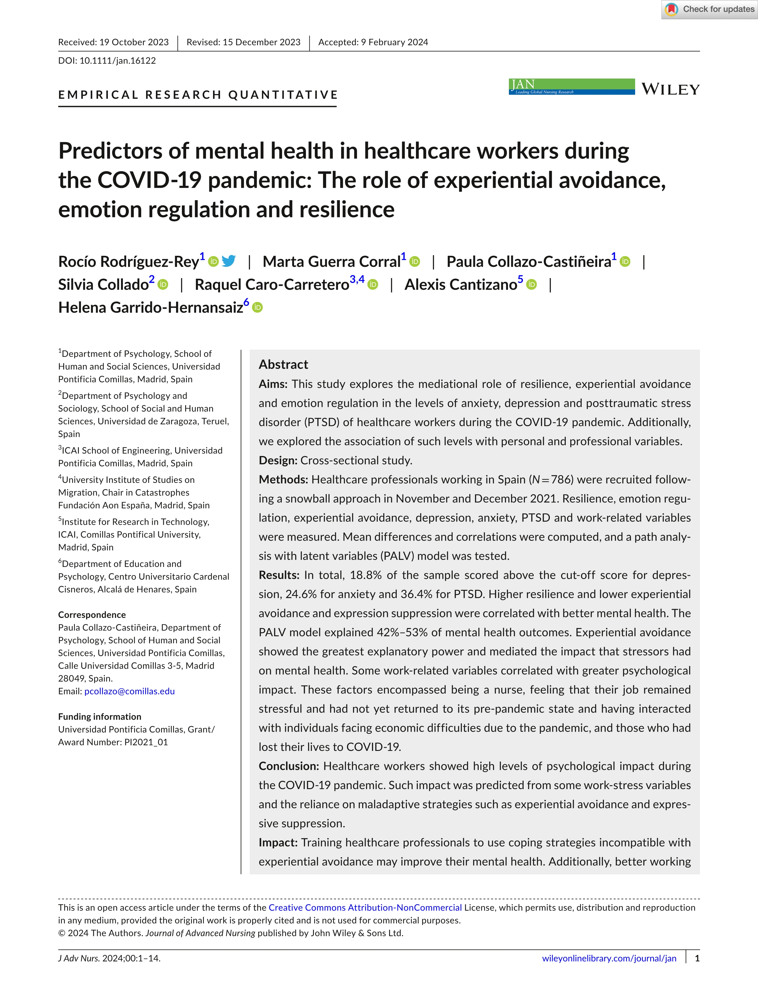 Predictors of mental health in healthcare workers during the COVID-19 pandemic: The role of experiential avoidance, emotion regulation and resilience