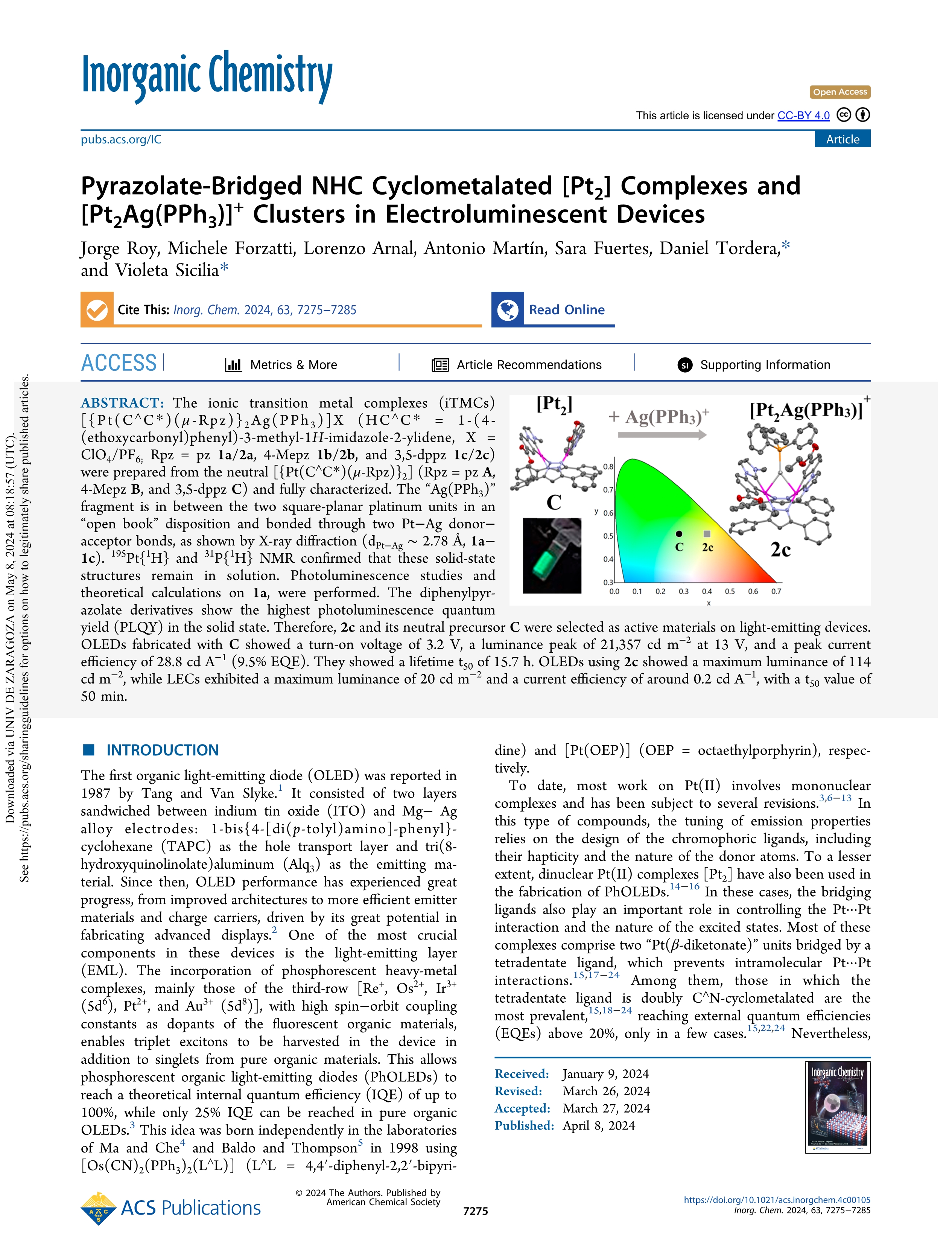 Pyrazolate-Bridged NHC Cyclometalated [Pt2] Complexes and [Pt2Ag(PPh3]+ Clusters in Electroluminescent Devices