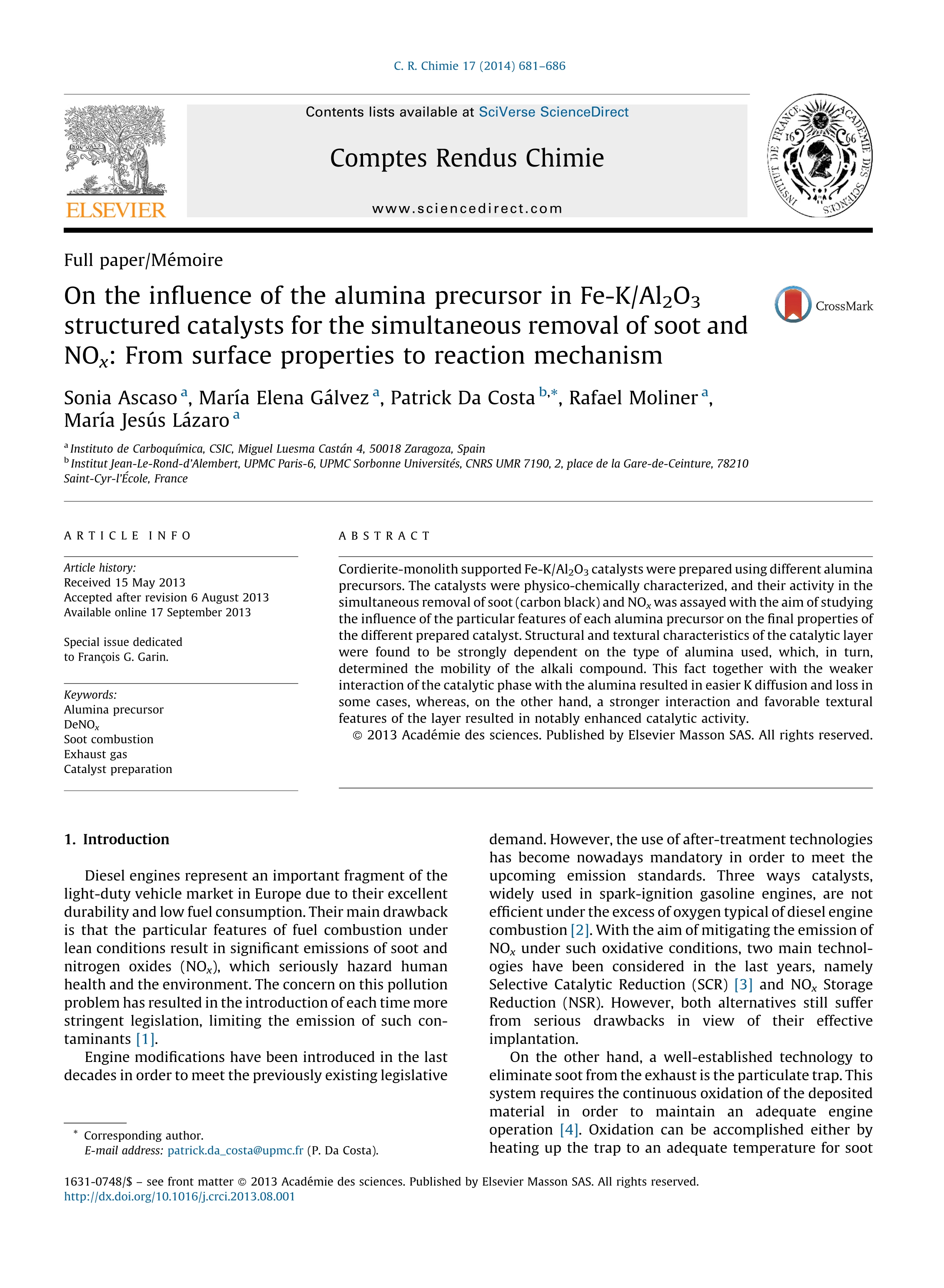 On the influence of the alumina precursor in Fe-K/Al2O3 structured catalysts for the simultaneous removal of soot and NOx: From surface properties to reaction mechanism
