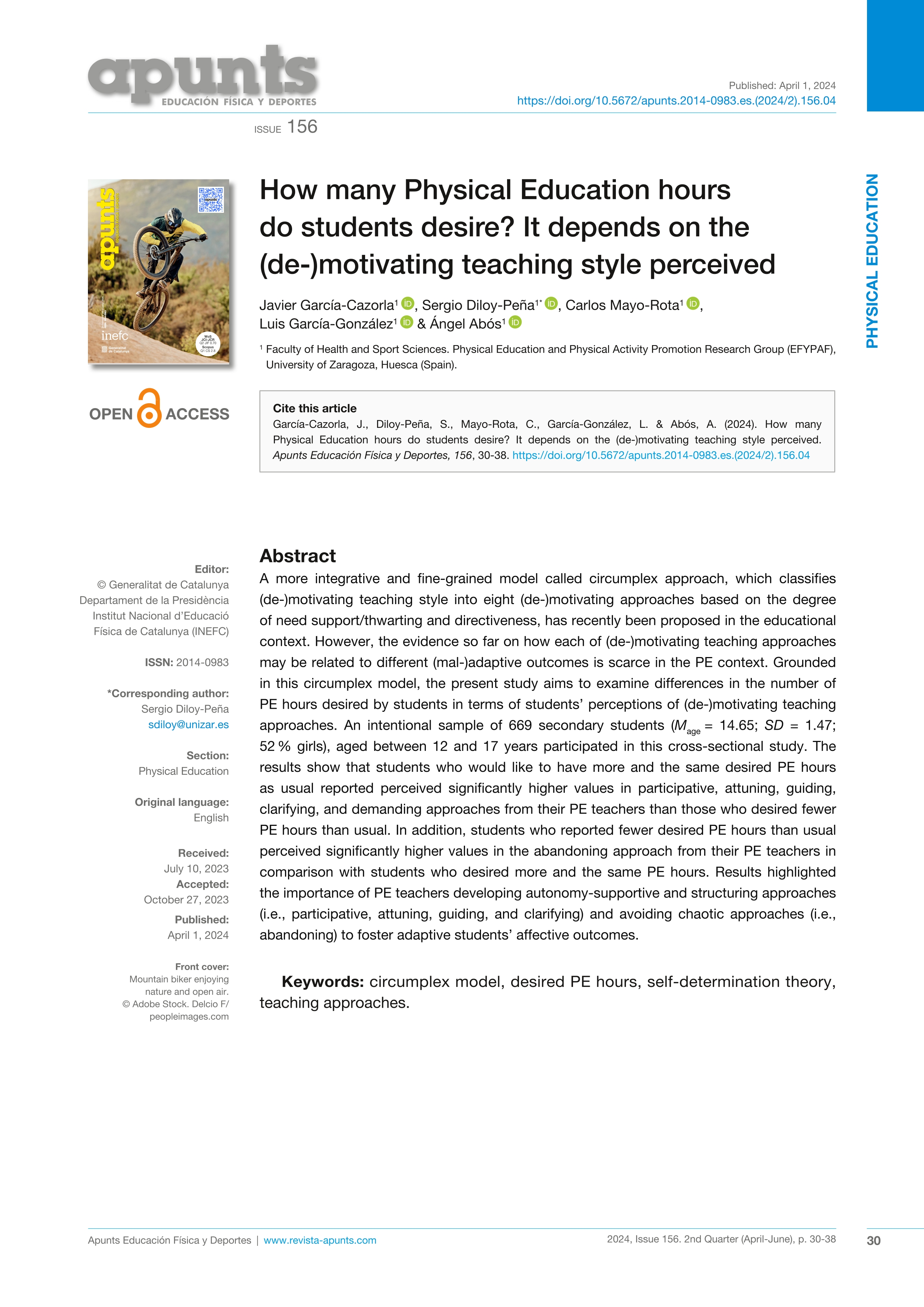 How many Physical Education hours do students desire? It depends on the (de-) motivating teaching style perceived