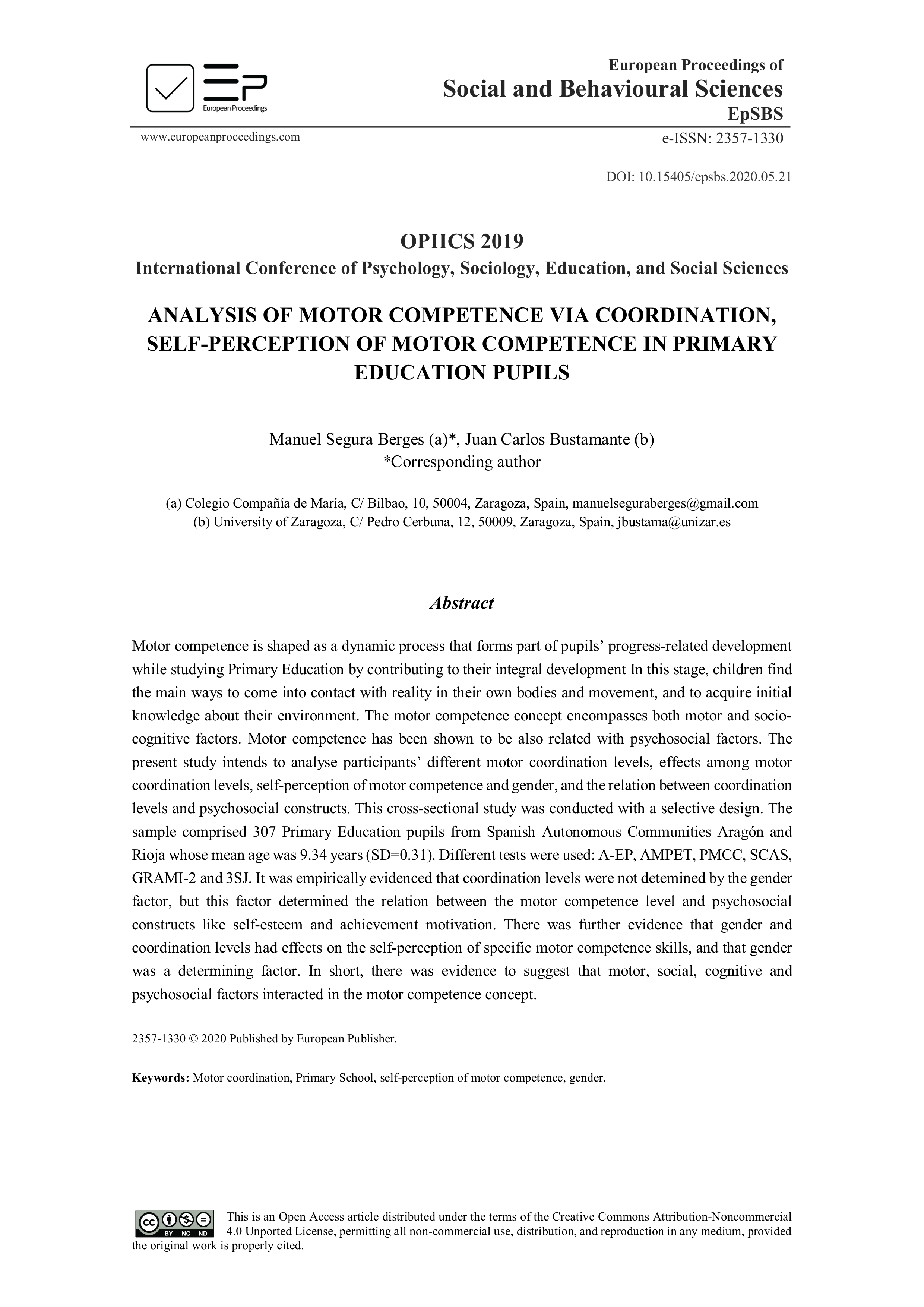 Analysis Of Motor Competence Via Coordination, Self-Perception Of Motor Competence In Primary Education Pupils