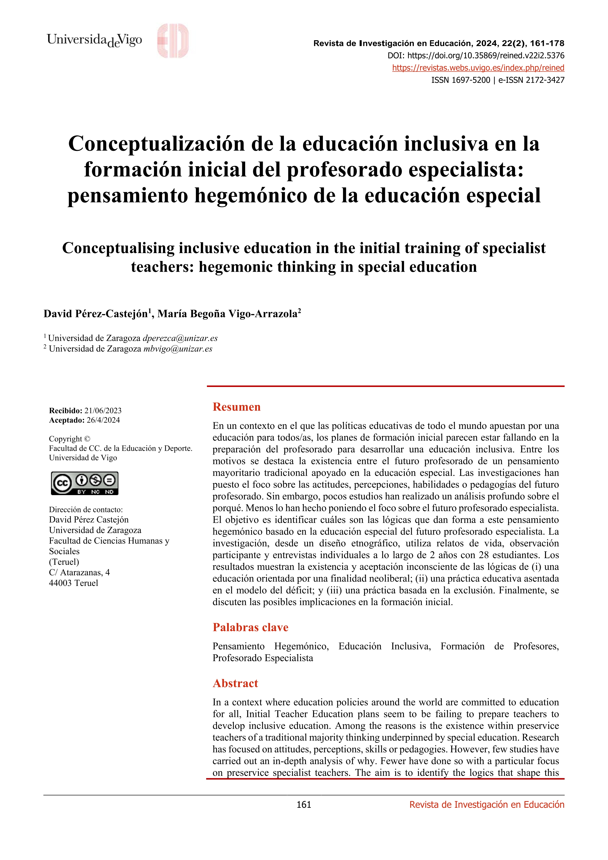 Conceptualización de la educación inclusiva en la formación inicial del profesorado especialista: pensamiento hegemónico de la educación especial