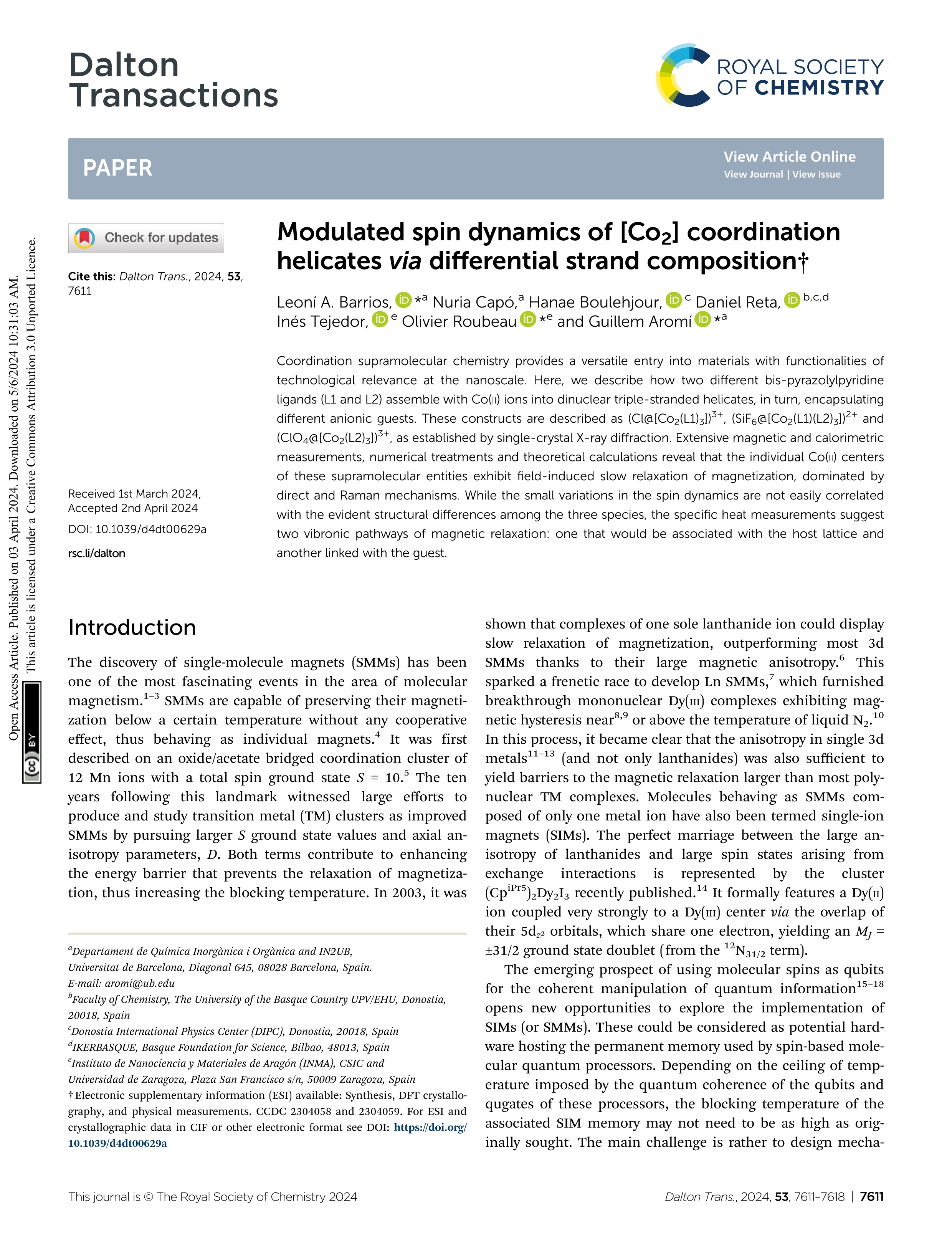 Modulated spin dynamics of [Co<sub>2</sub>] coordination helicates <i>via</i> differential strand composition