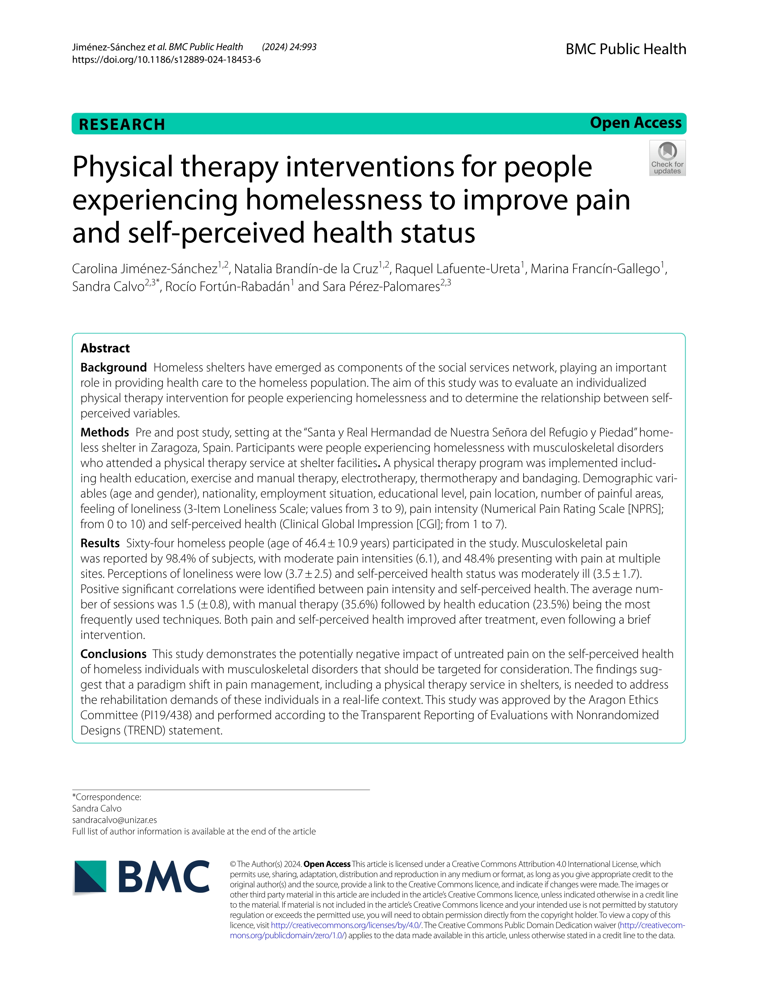 Physical therapy interventions for people experiencing homelessness to improve pain and self-perceived health status