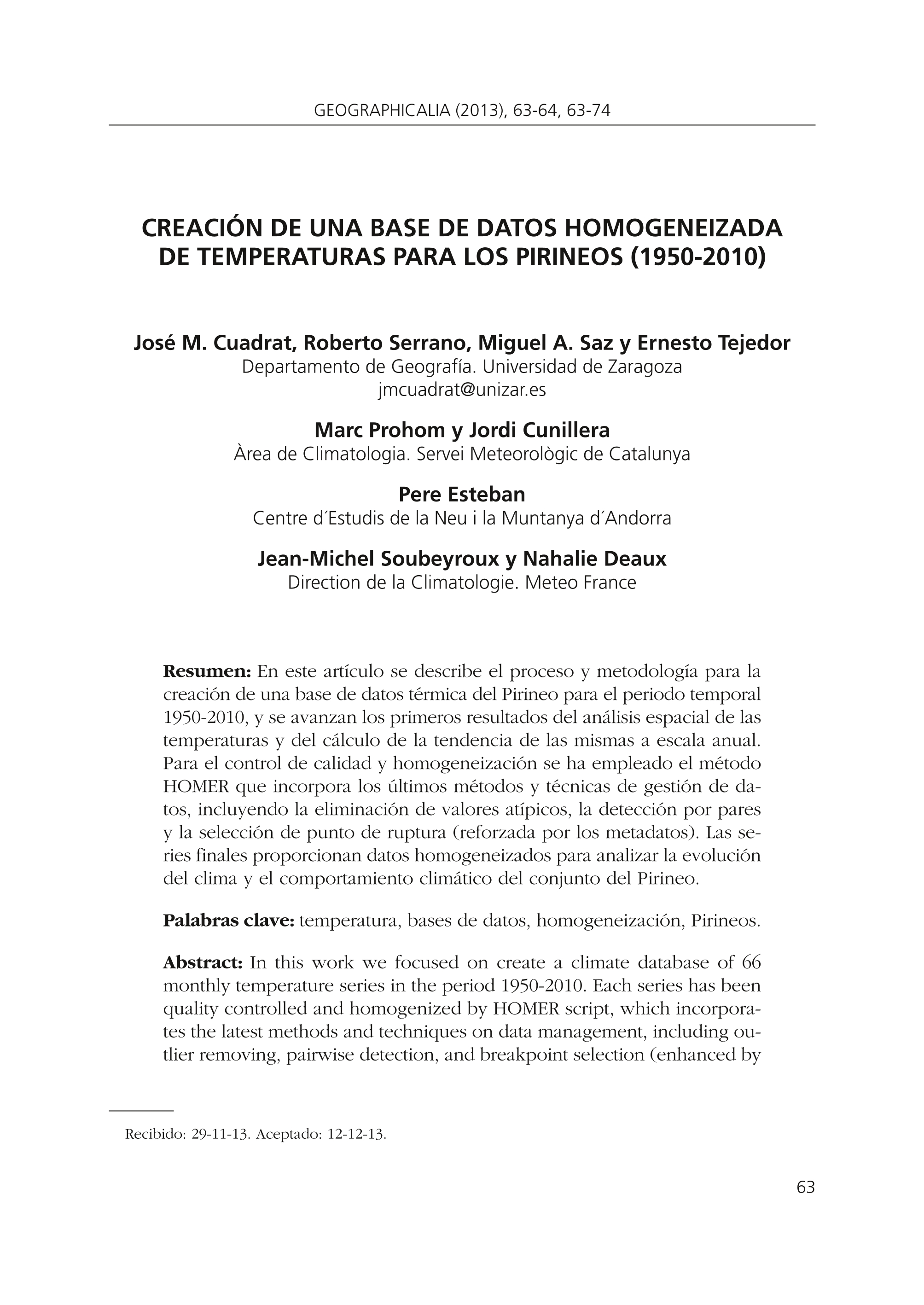 Creación de una base de datos homogeneizada de temperaturas para los Pirineos (1950-2010)