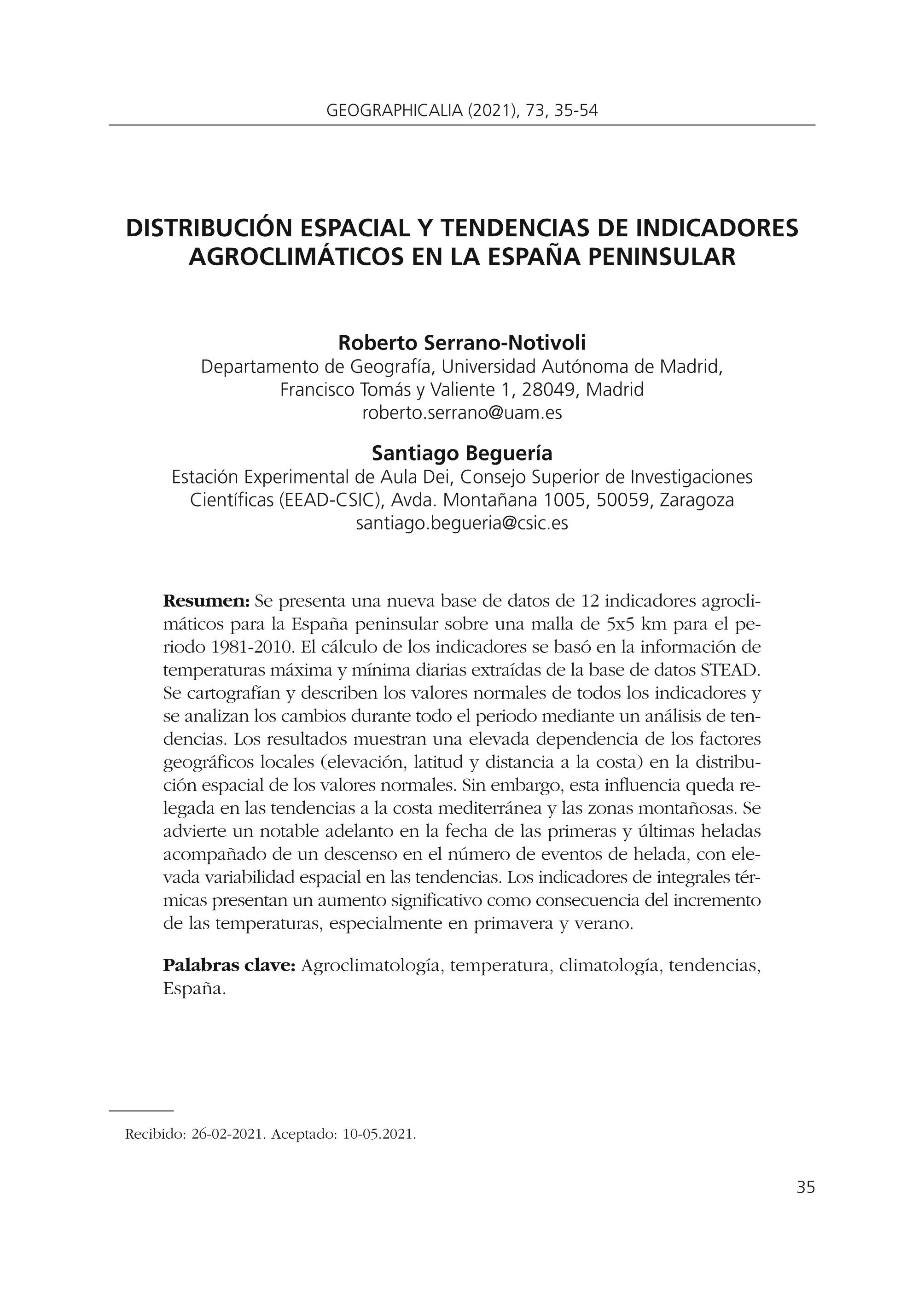 Distribución espacial y tendencias de indicadores agroclimáticos en la España peninsular