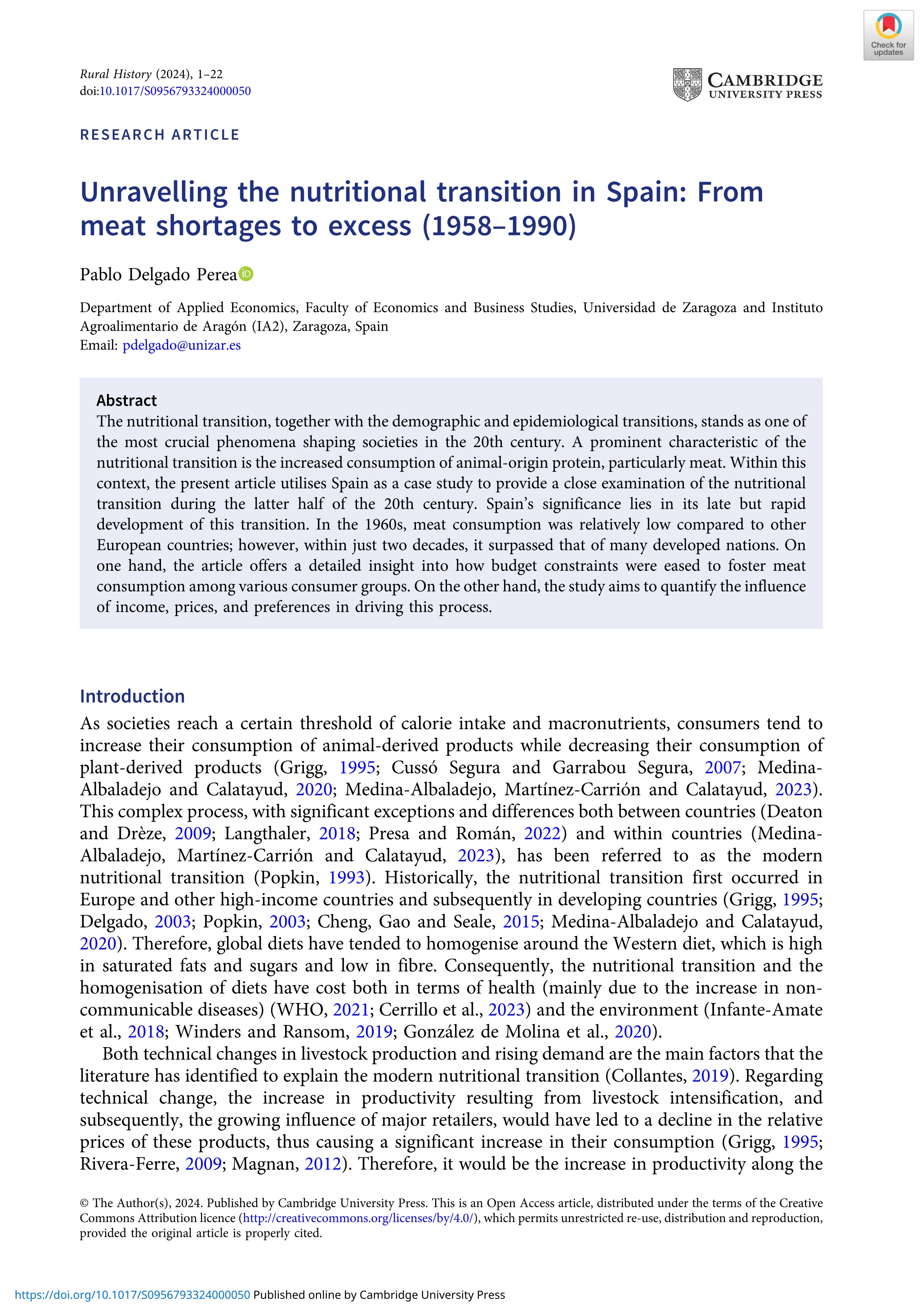 Unravelling the nutritional transition in Spain: From meat shortages to excess (1958–1990)