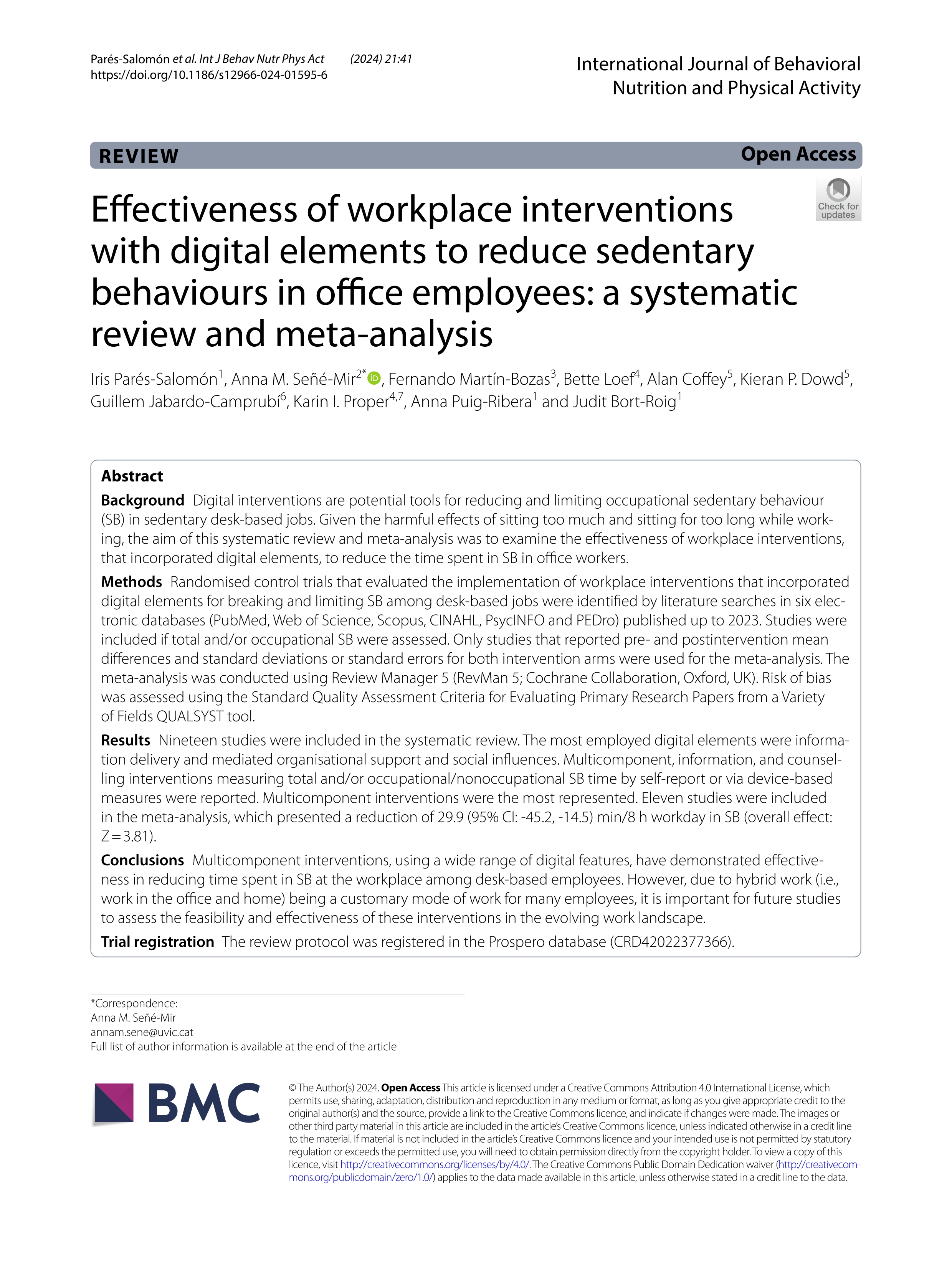 Effectiveness of workplace interventions with digital elements to reduce sedentary behaviours in office employees: a systematic review and meta-analysis